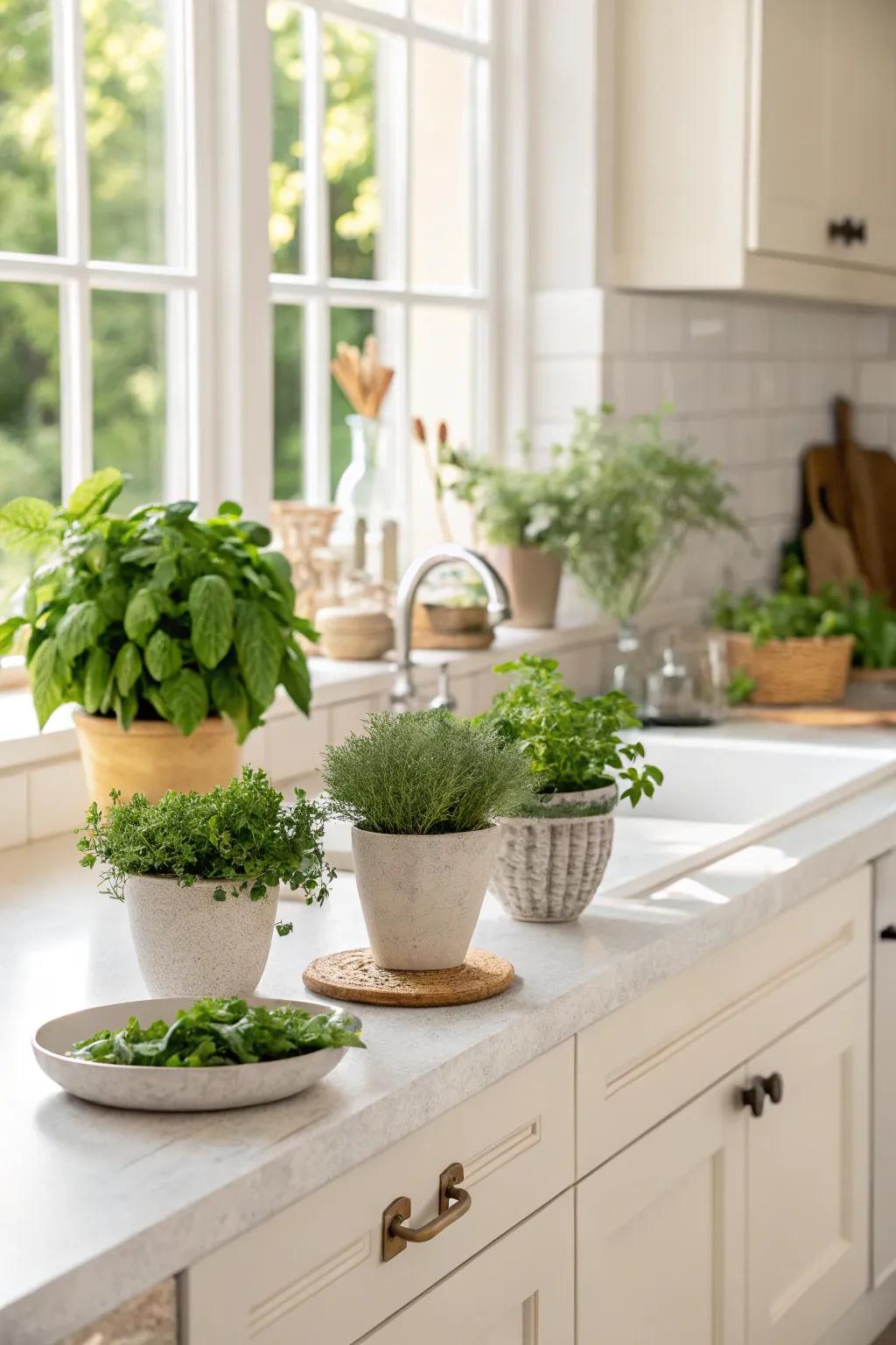 Lush greenery complements the white countertops, adding a fresh and vibrant touch to the kitchen.
