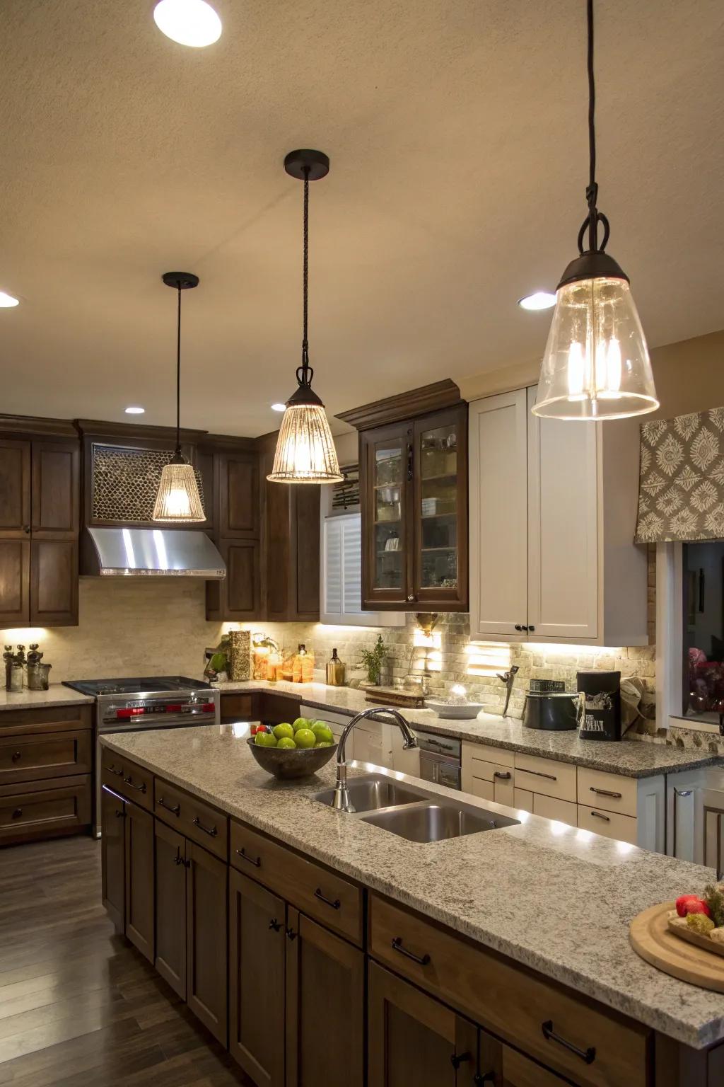 In a kitchen without windows, layered lighting efficiently brightens the space.