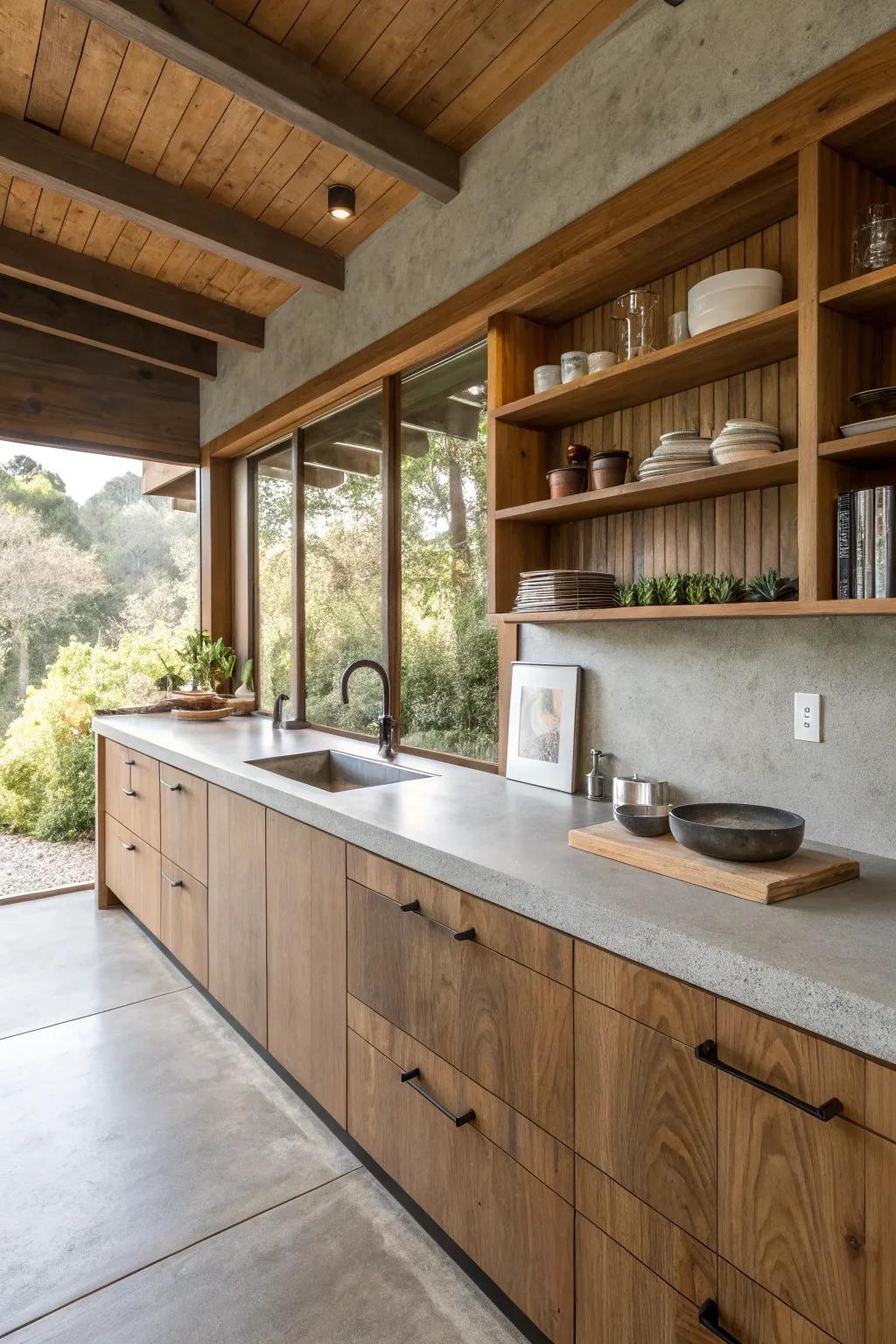 A kitchen balanced with concrete countertops and warm wooden accents.
