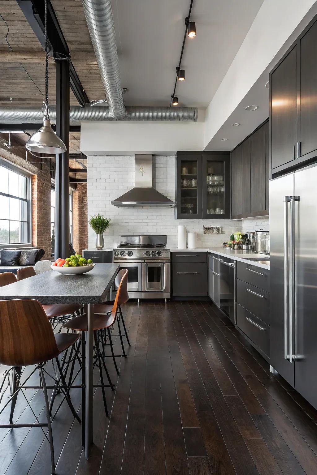 Stainless steel appliances and metal accents bring an industrial edge to this kitchen with dark floors.