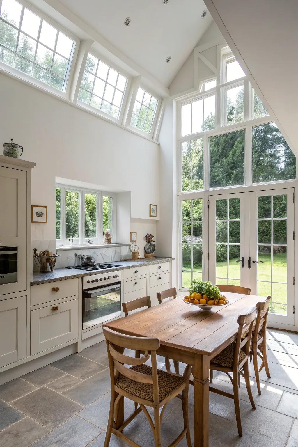 Natural light floods this high-ceilinged kitchen, creating an airy atmosphere.