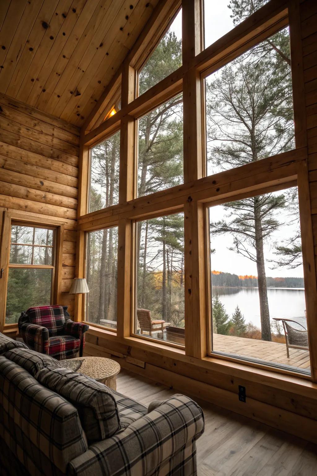 Open-concept cabin interior with expansive windows and knotty pine walls.