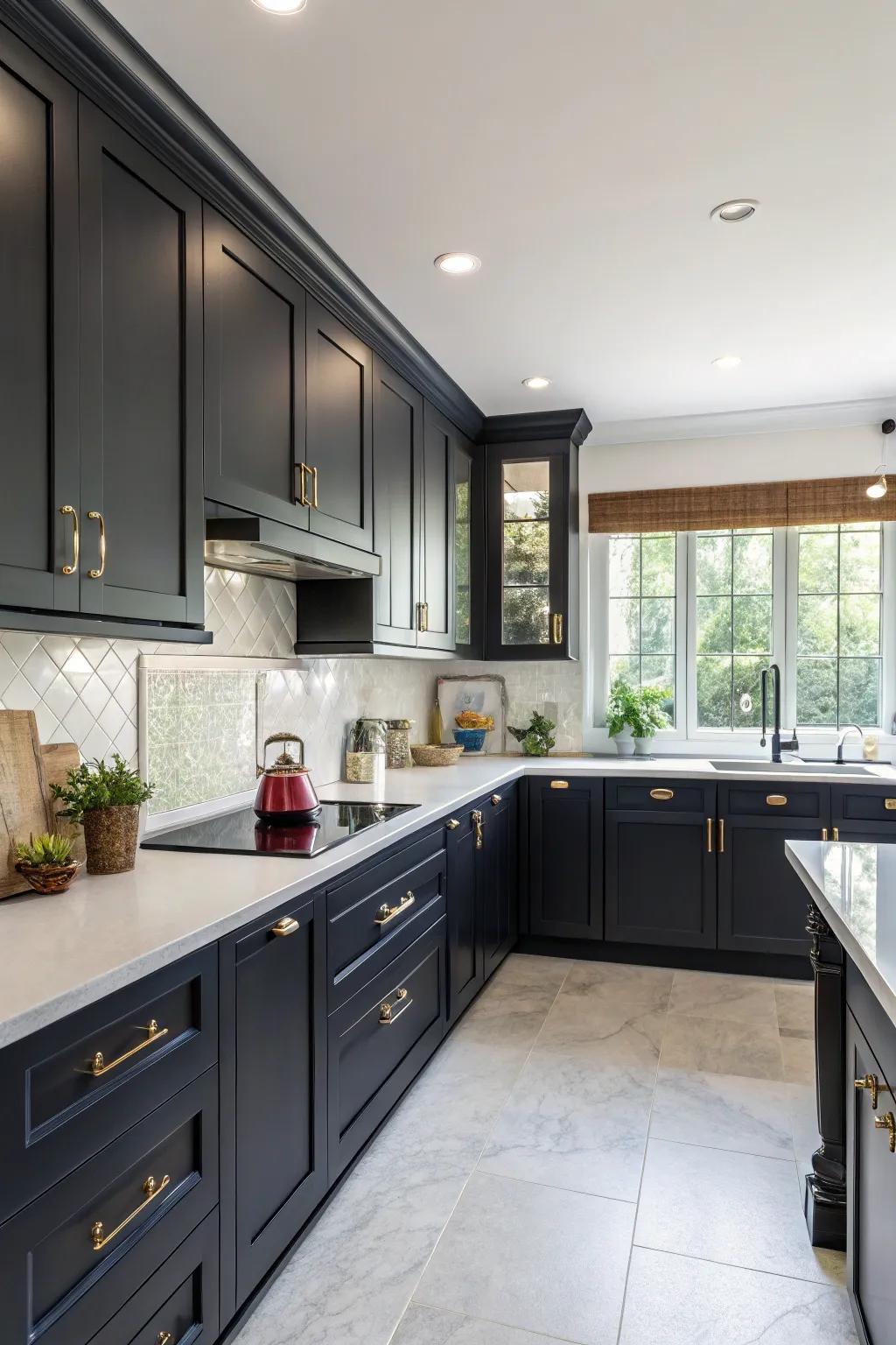 Create visual interest with bold color contrasts in your L-shaped kitchen.