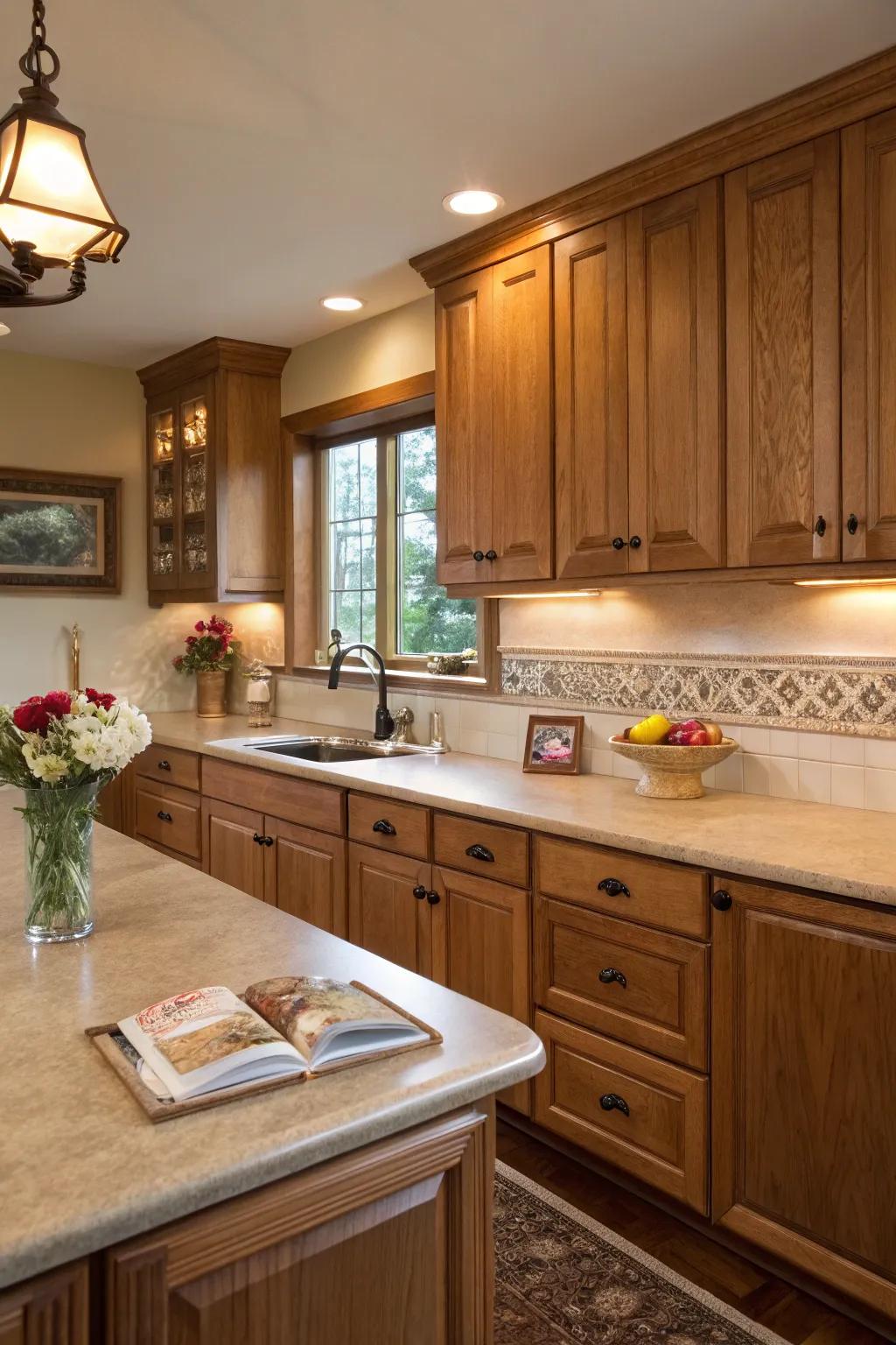 Wood-look laminate countertops deliver comfort and allure.