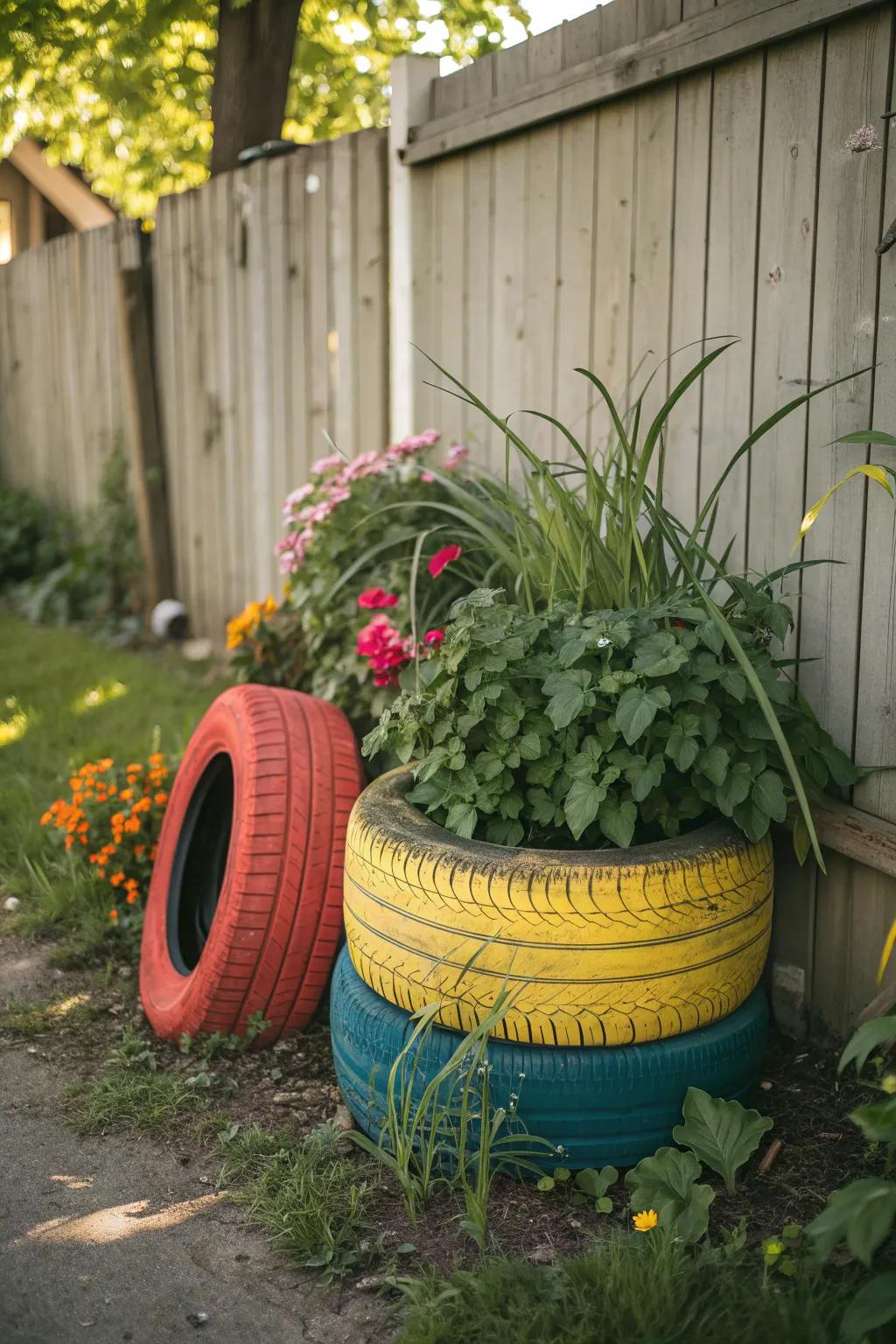 Transform your garden with a splash of color and creativity using repurposed tire planters.
