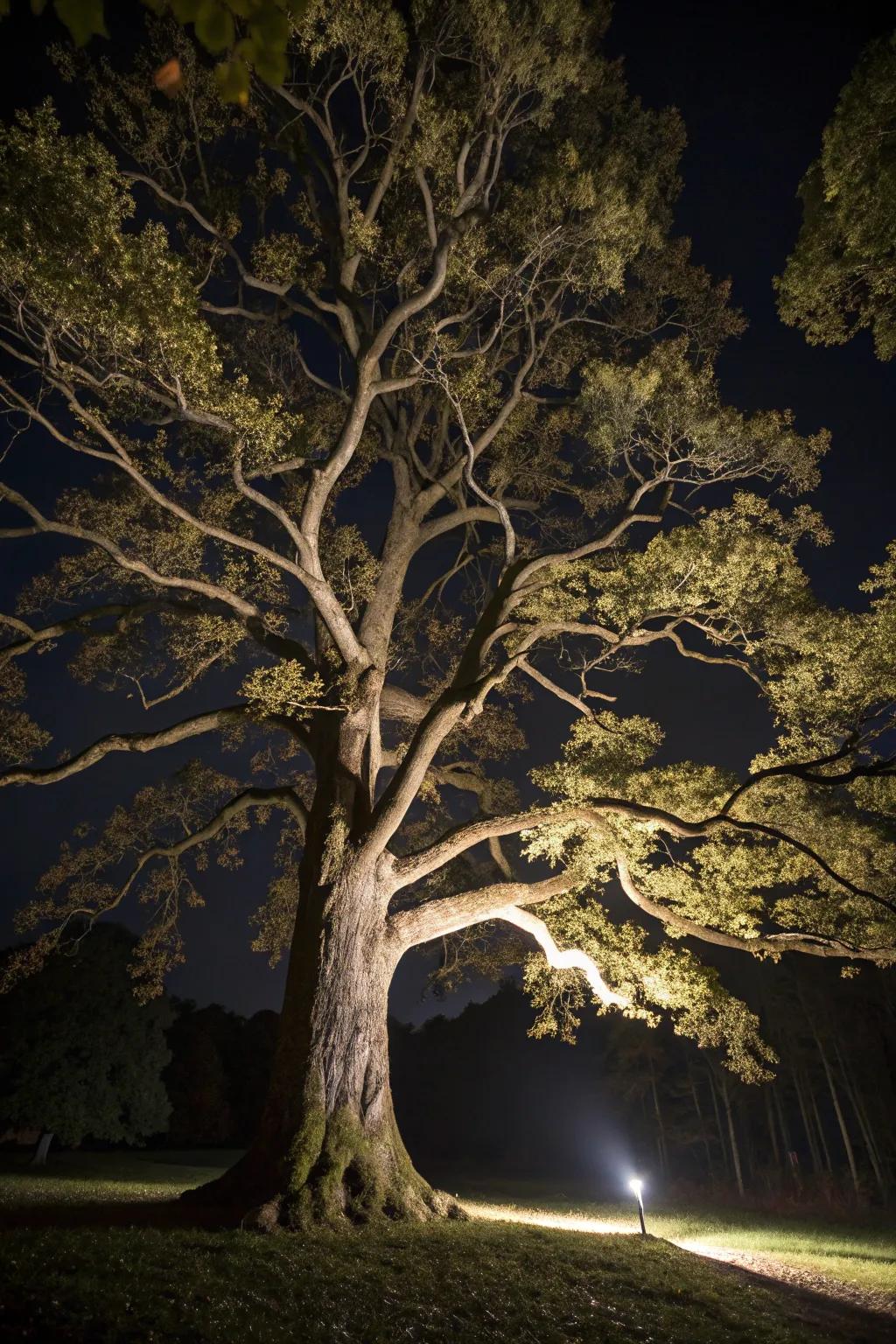 Elevated illumination transforms trees into magnificent nocturnal sculptures.