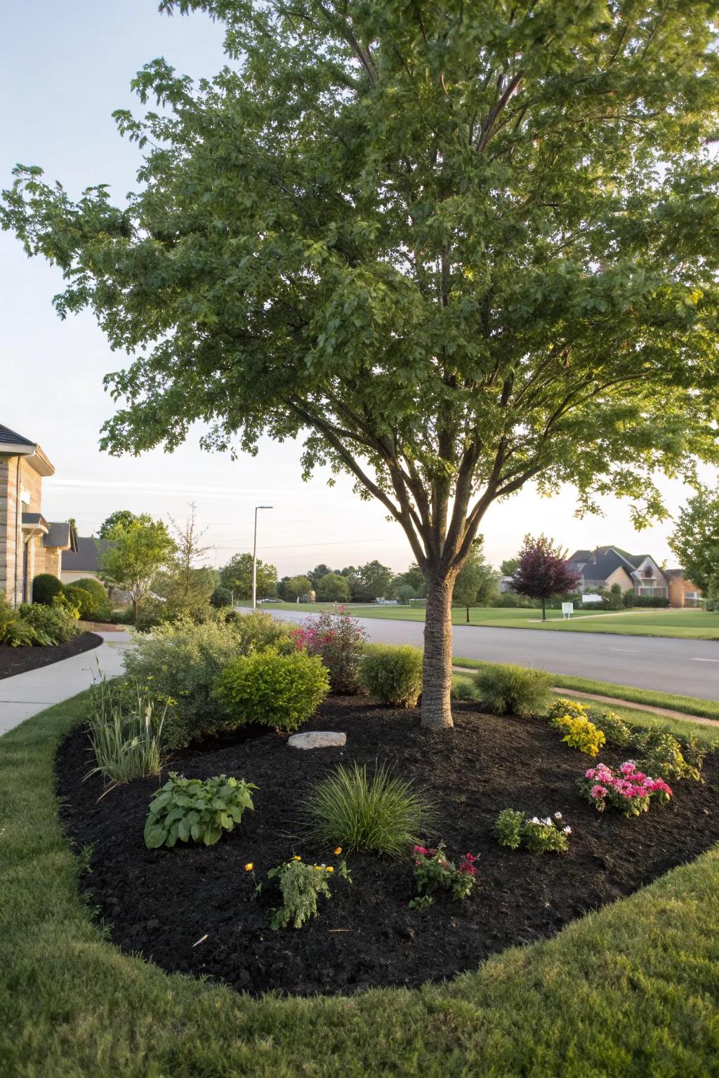 A tree with a neat layer of mulch and lush ground cover plants.