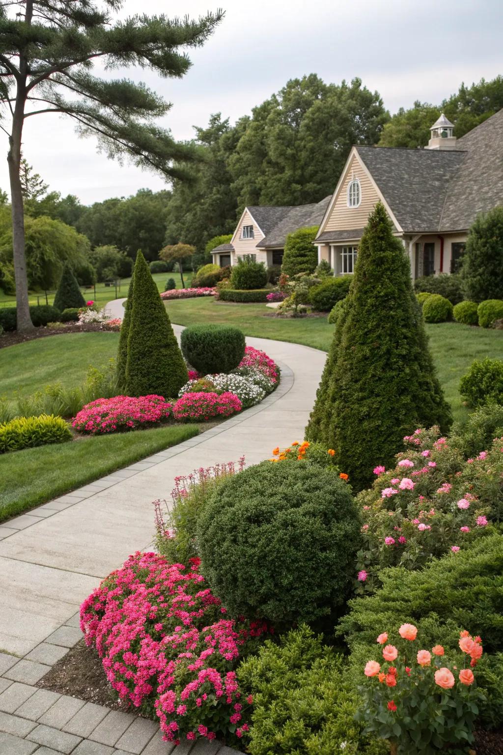 Evergreen shrubs lend year-round structure and beautifully complement flower beds.