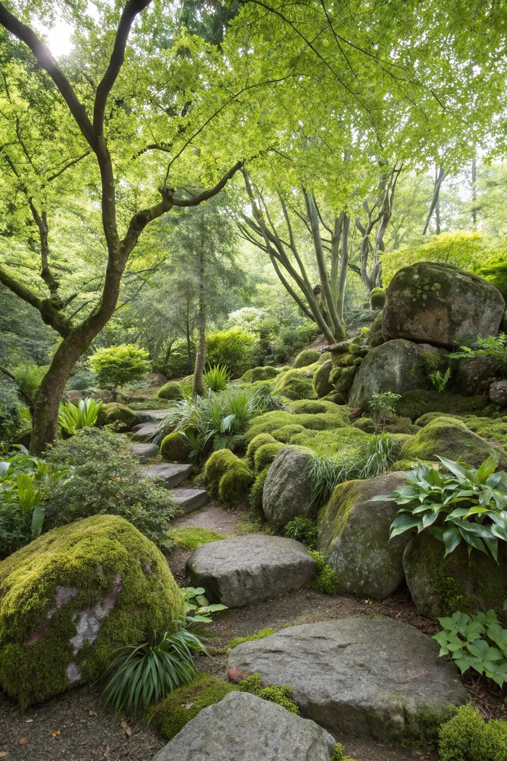 A skillfully crafted stone garden deep in the forest.