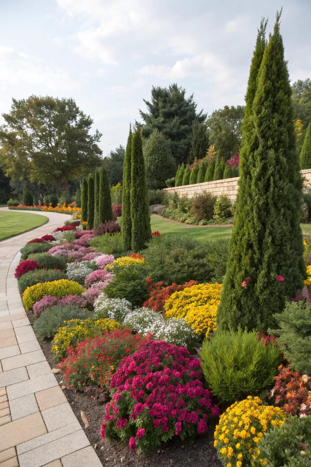 Create a lively landscape with a mix of arborvitae and colorful shrubs.