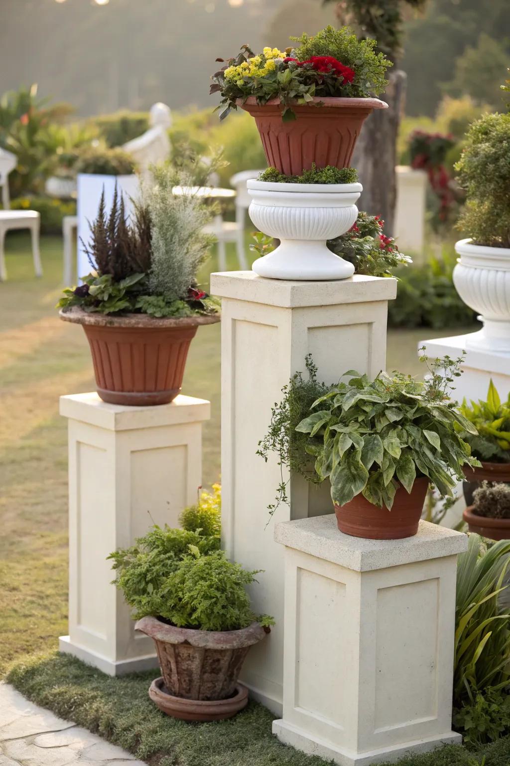 Amplify your garden's charm with layered arrangements of planters.