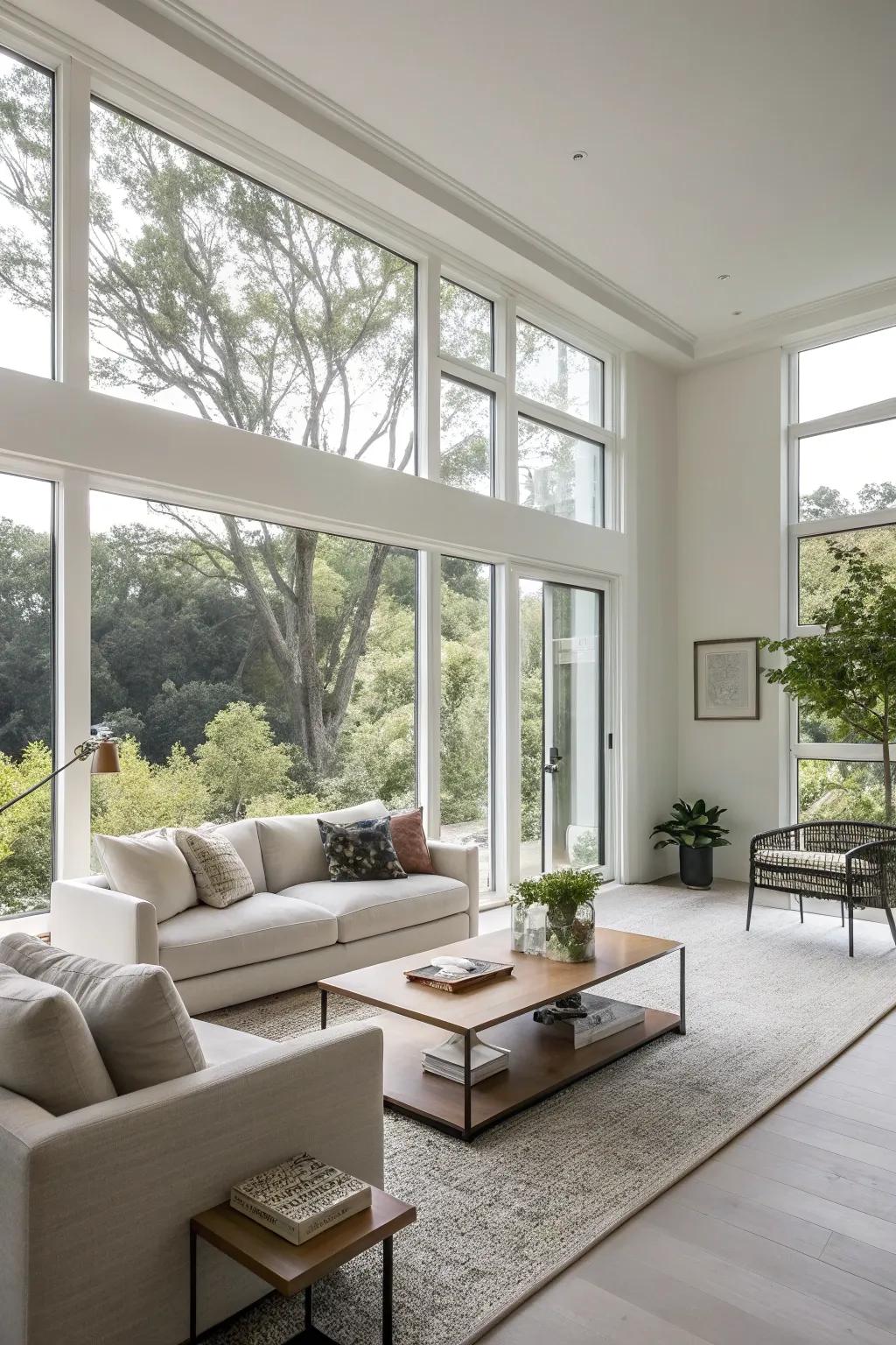 A modern living room with minimalist window frames that emphasize the view.