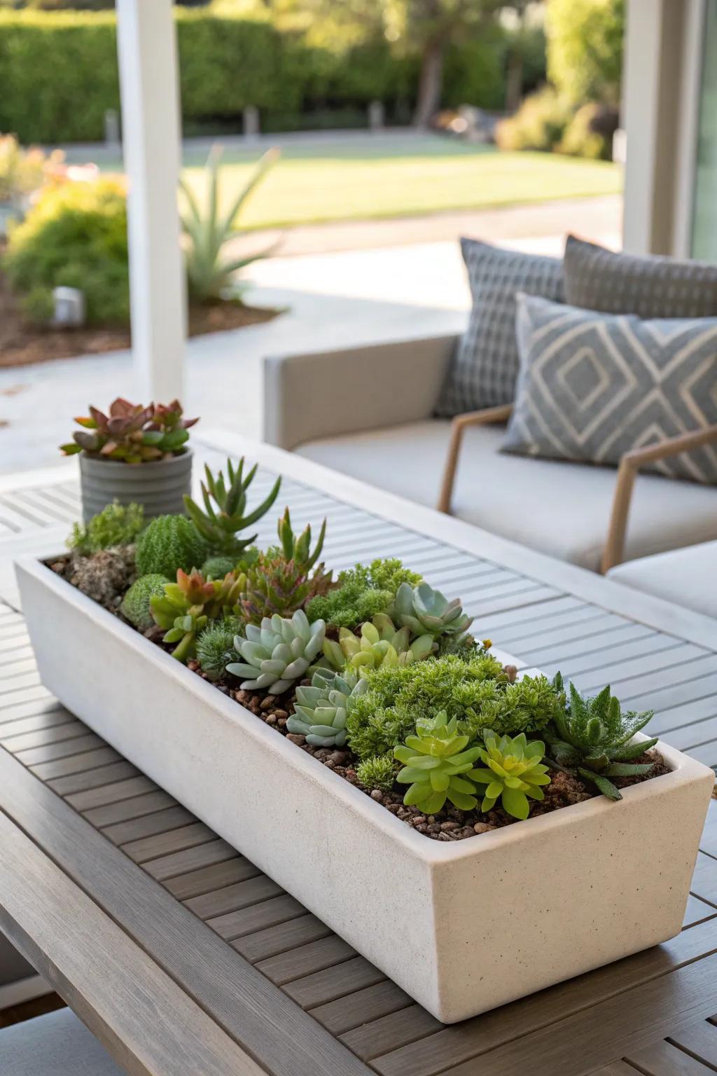 A modern trough planter with a linear succulent arrangement.