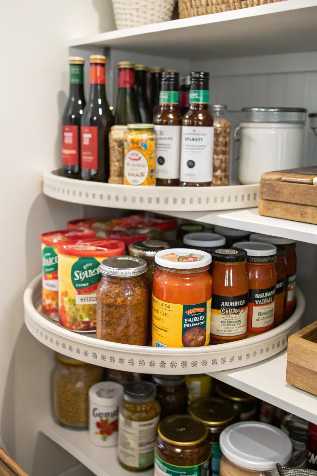 An arranged pantry featuring a spinner filled with canned foods and condiments.