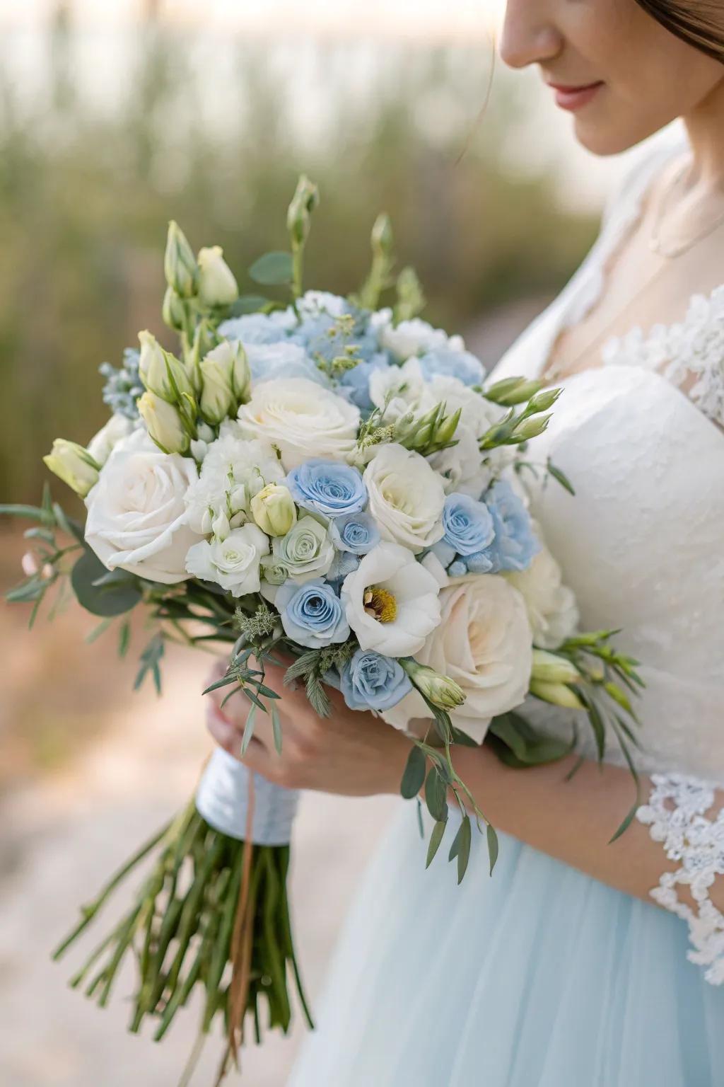 A whimsical bridal bouquet showcasing soft azure bell flowers.
