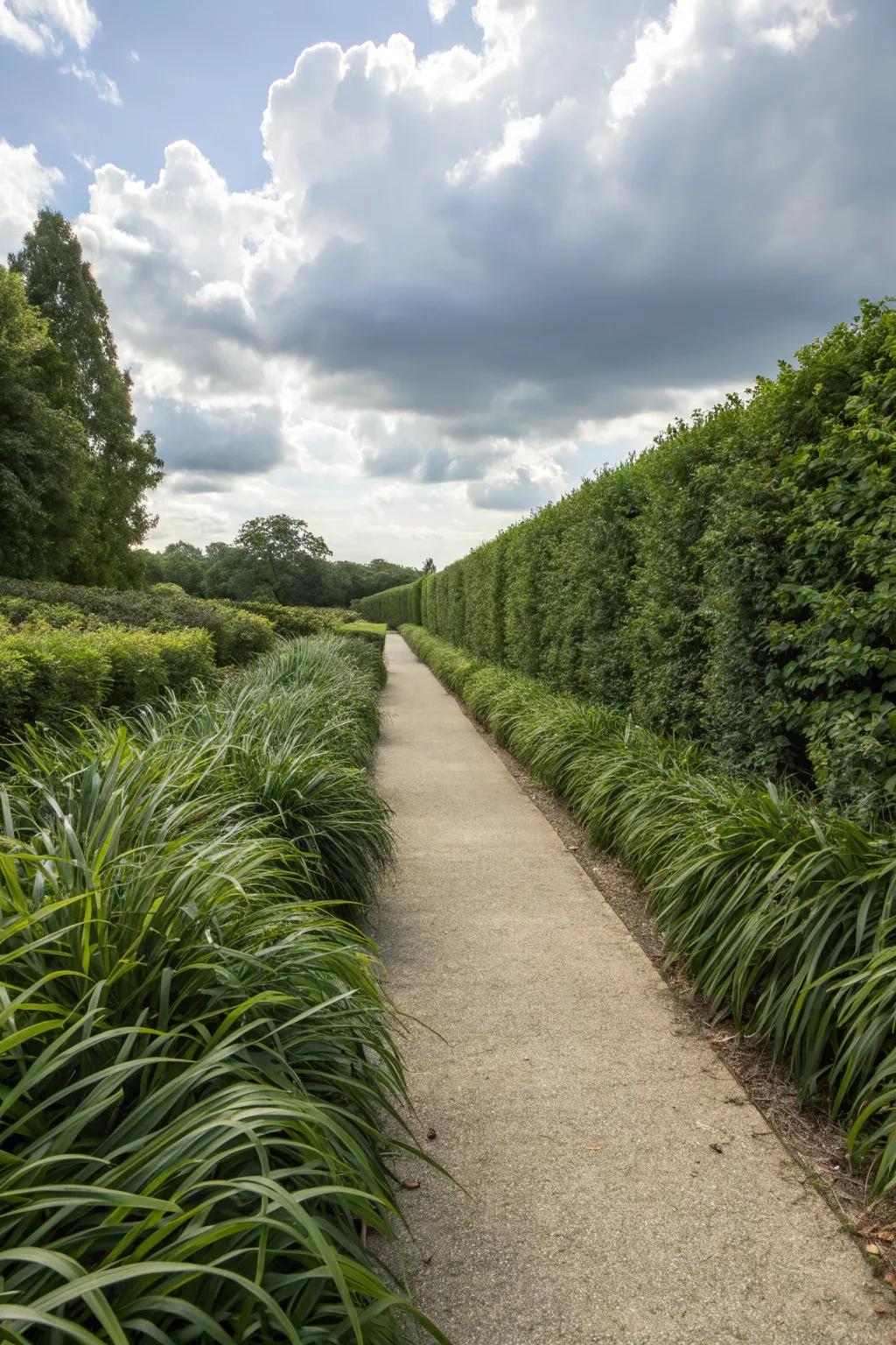 Lush greenery of liriope borders a garden path, inviting exploration.