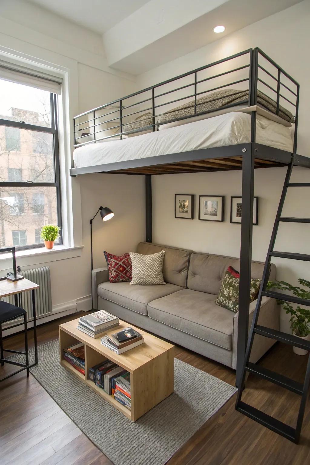 Space-saving furniture like a high-rise bed maximizes vertical space.
