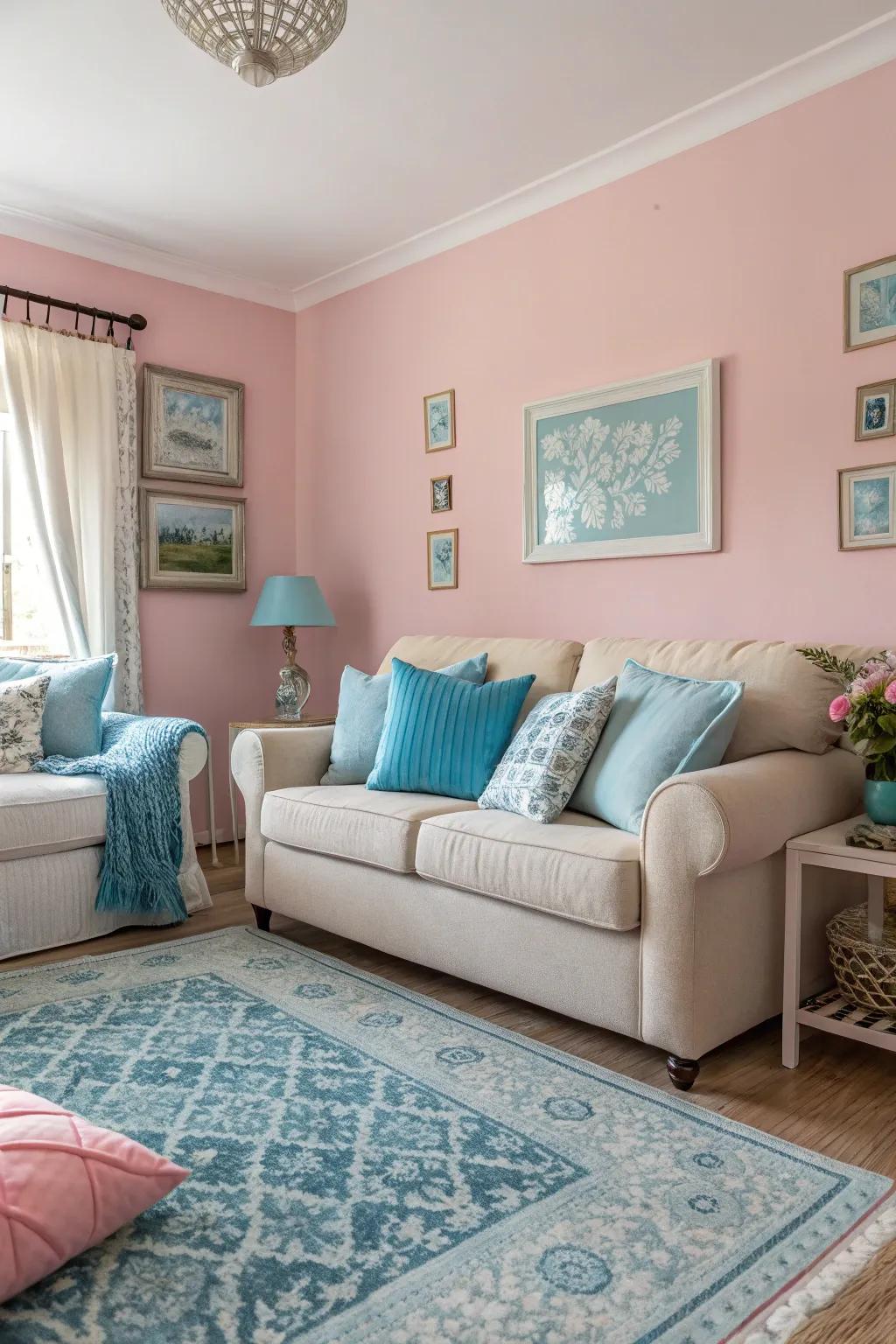 Pastel tones imbue this living room with subtle charm and warmth.