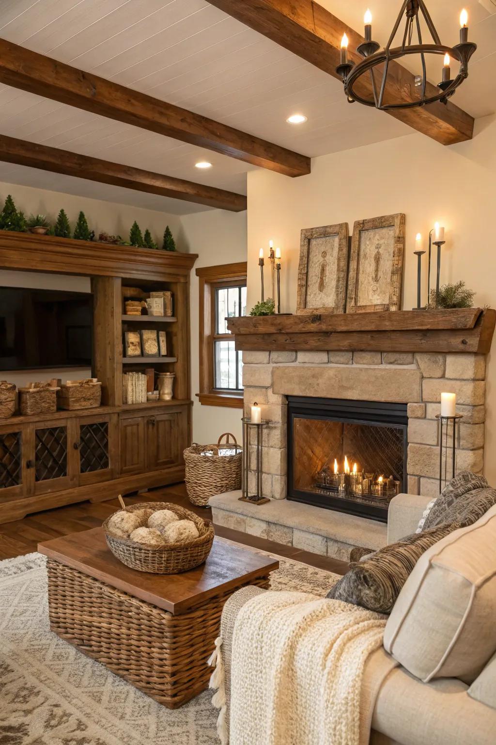 Warm timber texture crown molding evokes a cozy atmosphere.