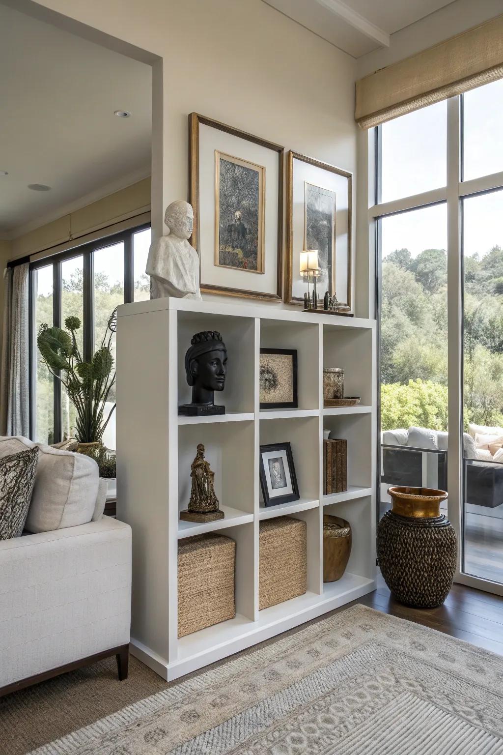 Art and functionality unite in this innovative modular shelving presentation.