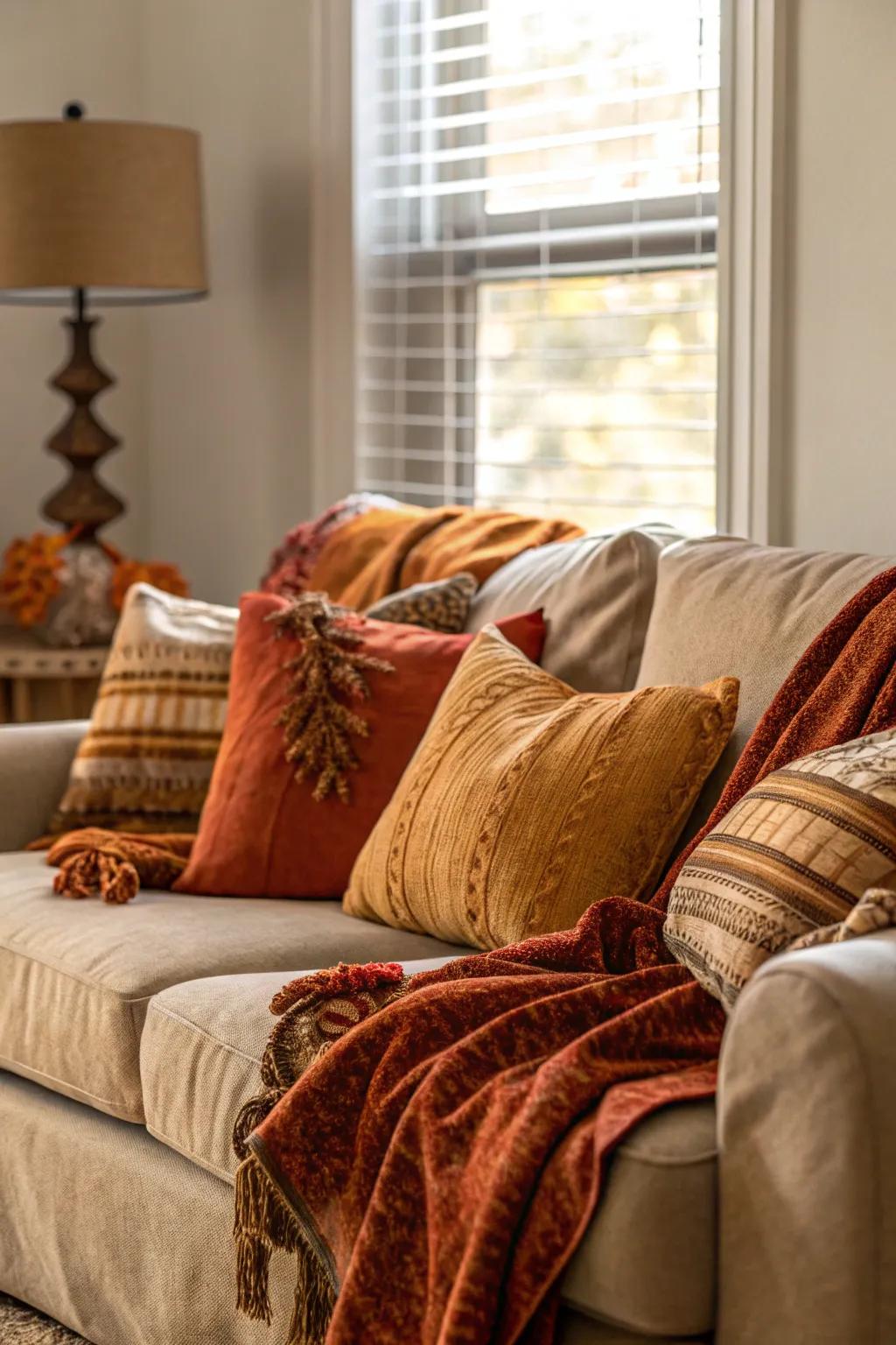 This cozy autumn living room is made more comfortable and inviting with plush throws and cushions.