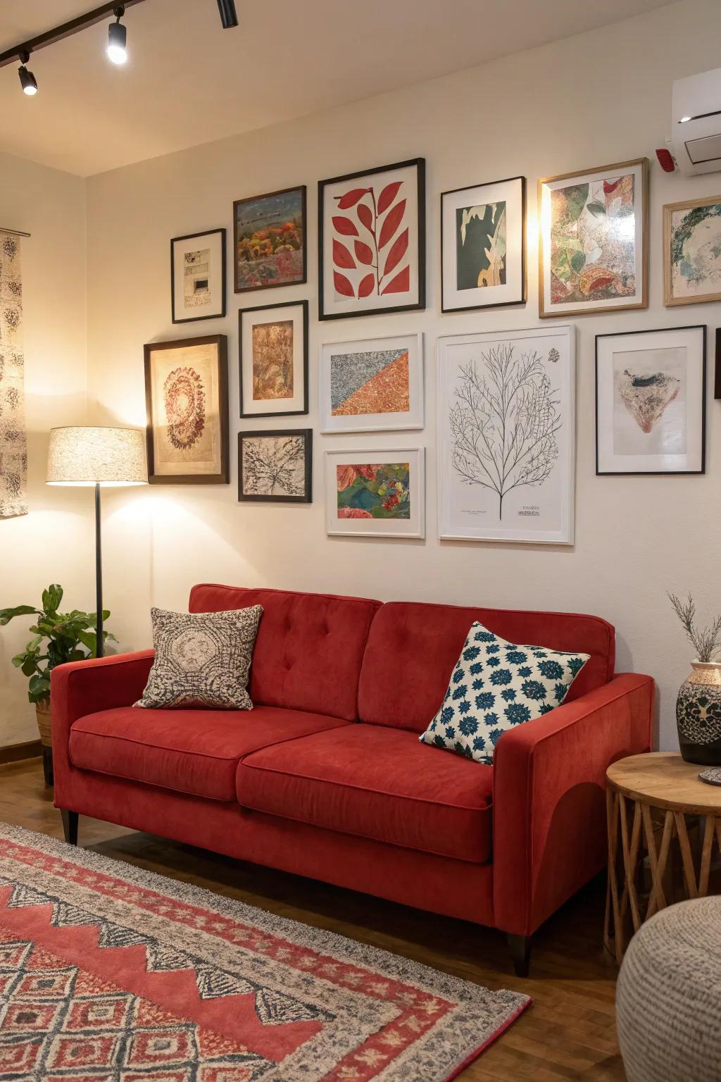 Wall art contributes dimension and perfectly enhances the bold assertion made by a red sofa.