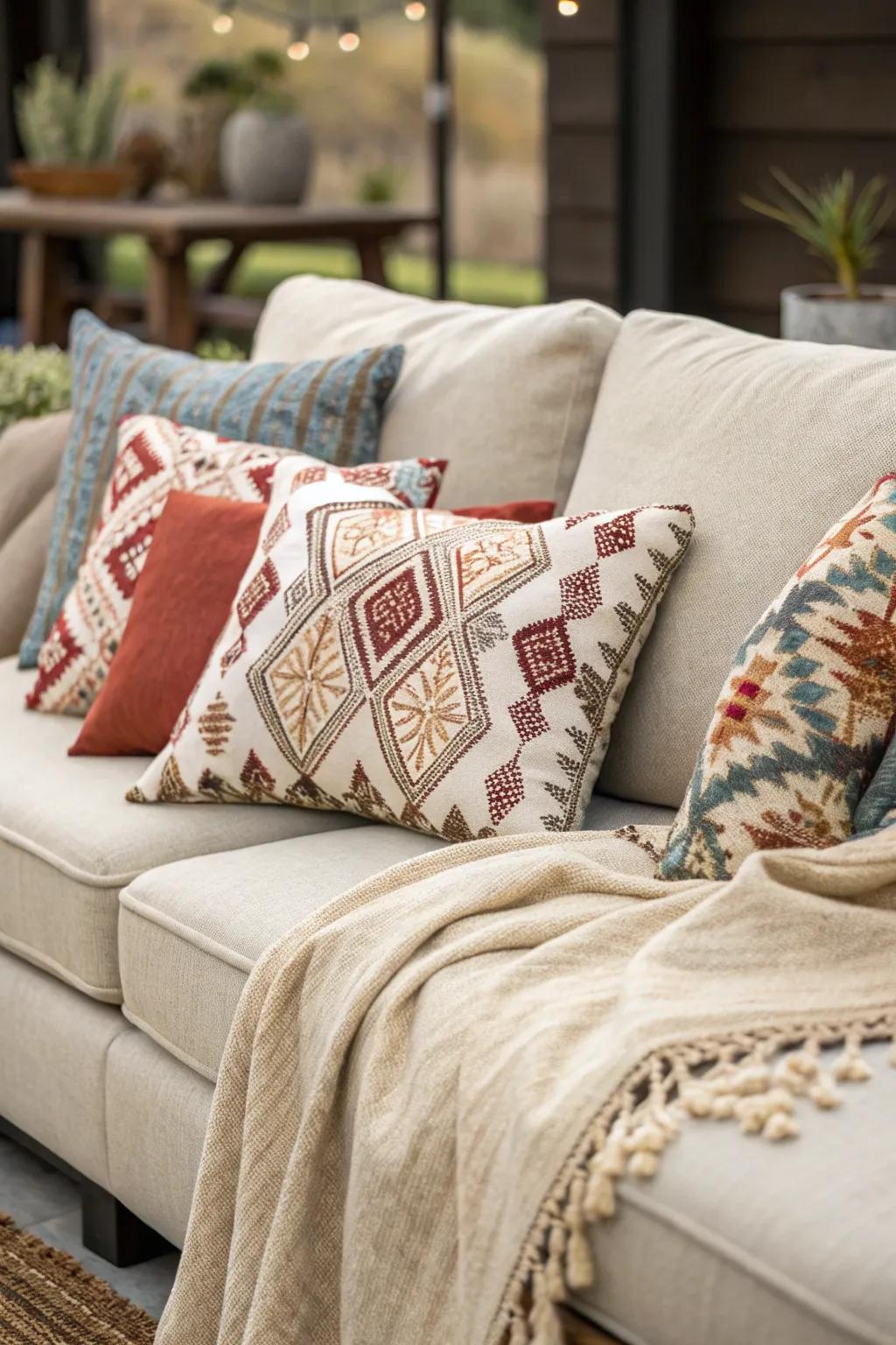 Layered textiles transform a sectional into a snug, inviting sanctuary.