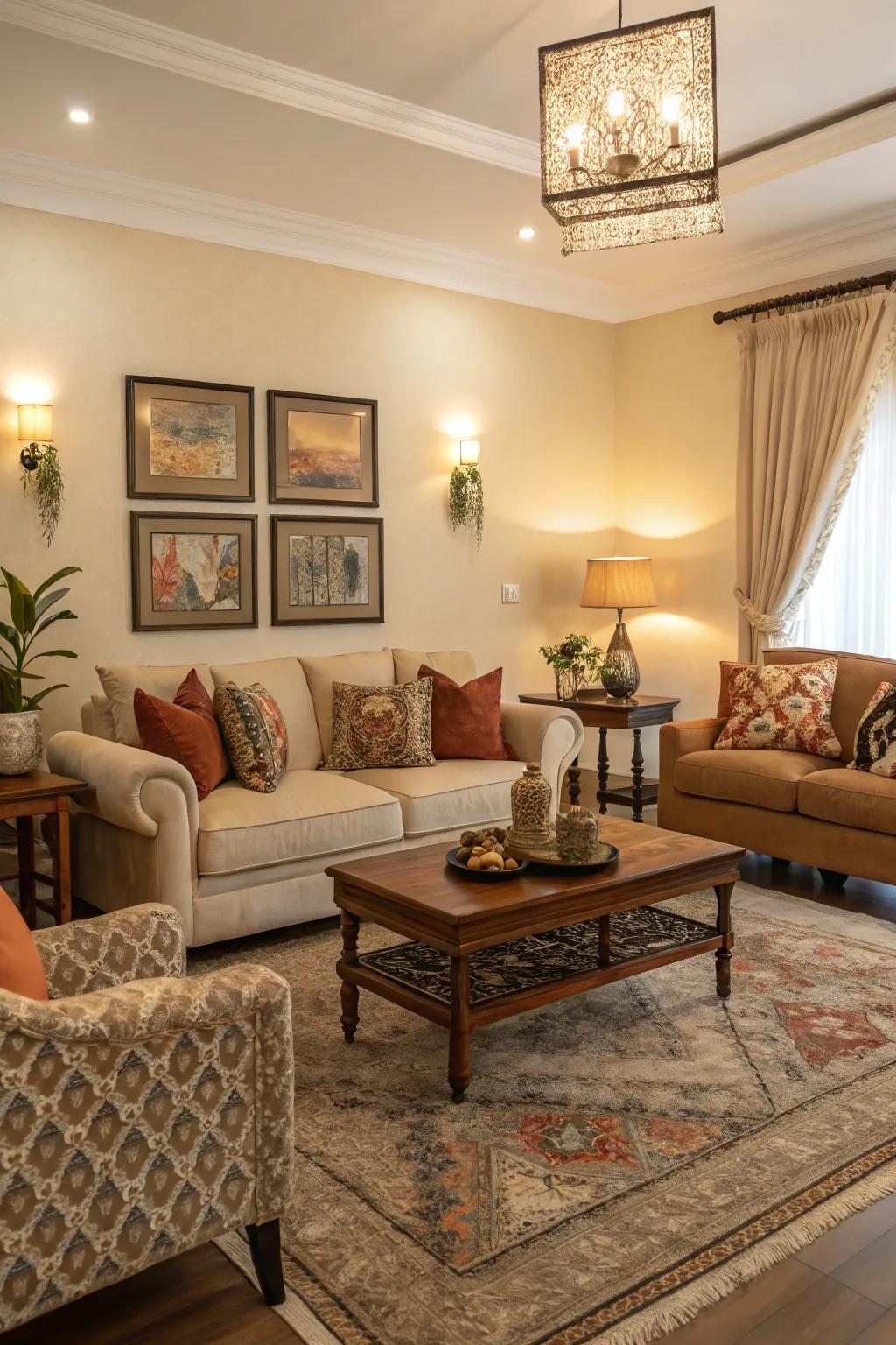 A living room with a cohesive color scheme, blending furniture and decor harmoniously.