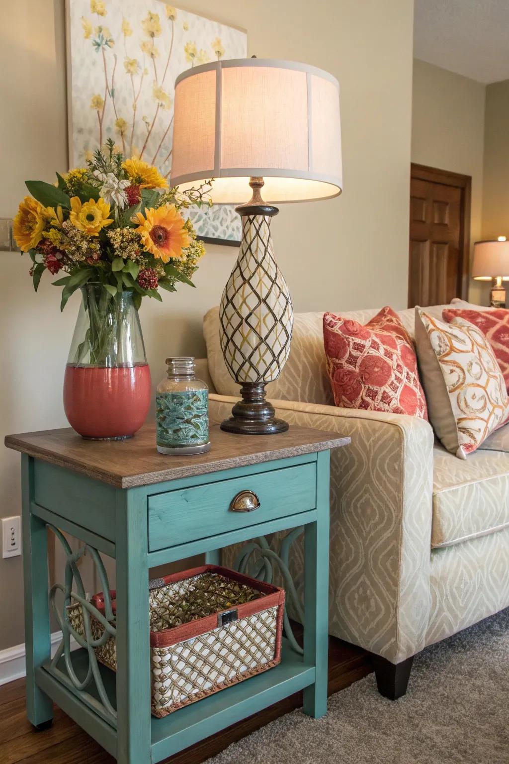 A color-harmonized side table smoothly integrates with the living room's color scheme.
