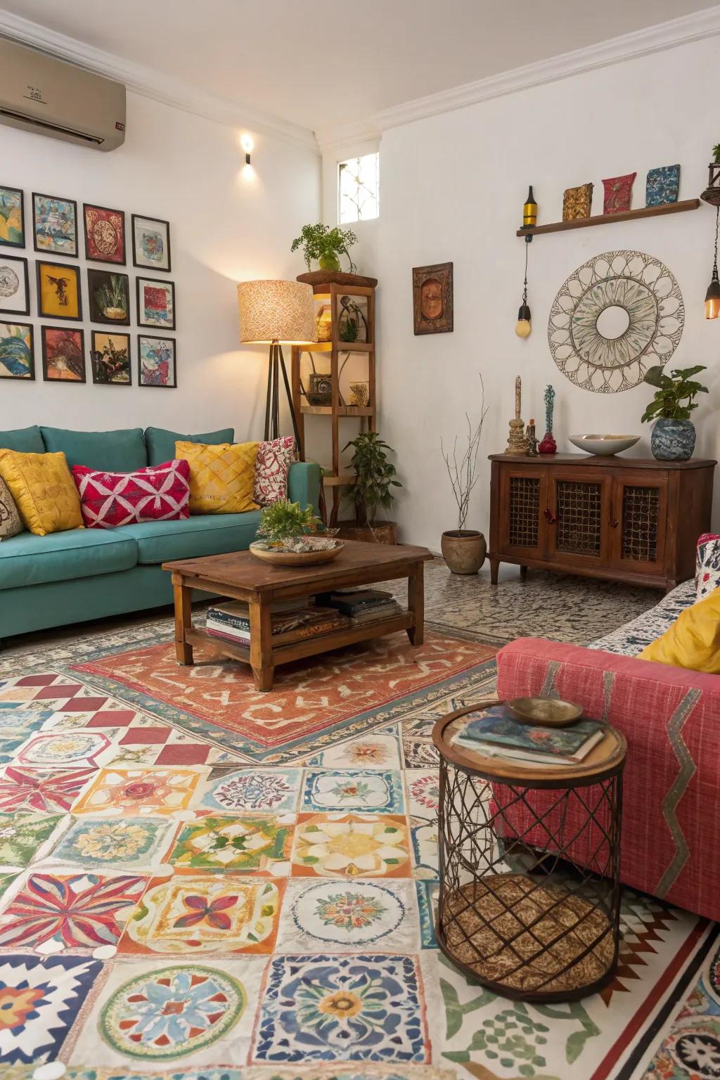 Dynamic family room displaying radiant themed tiling.