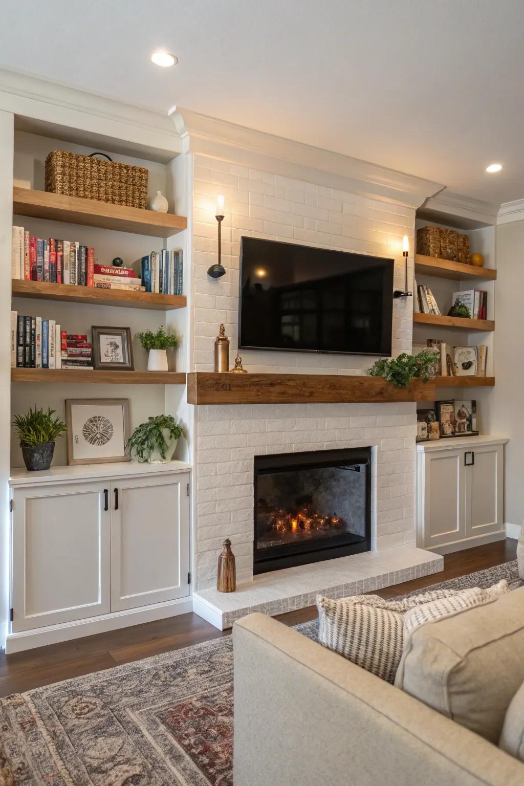 Elevated shelving offers storage and ornamental options.