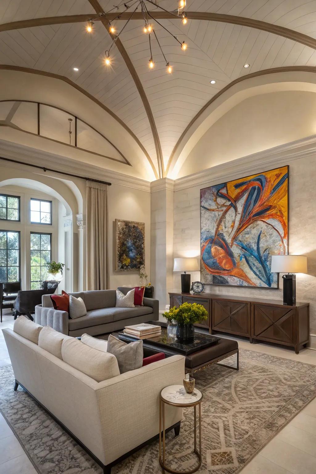 Large-scale artwork draws attention in a vaulted ceiling space.