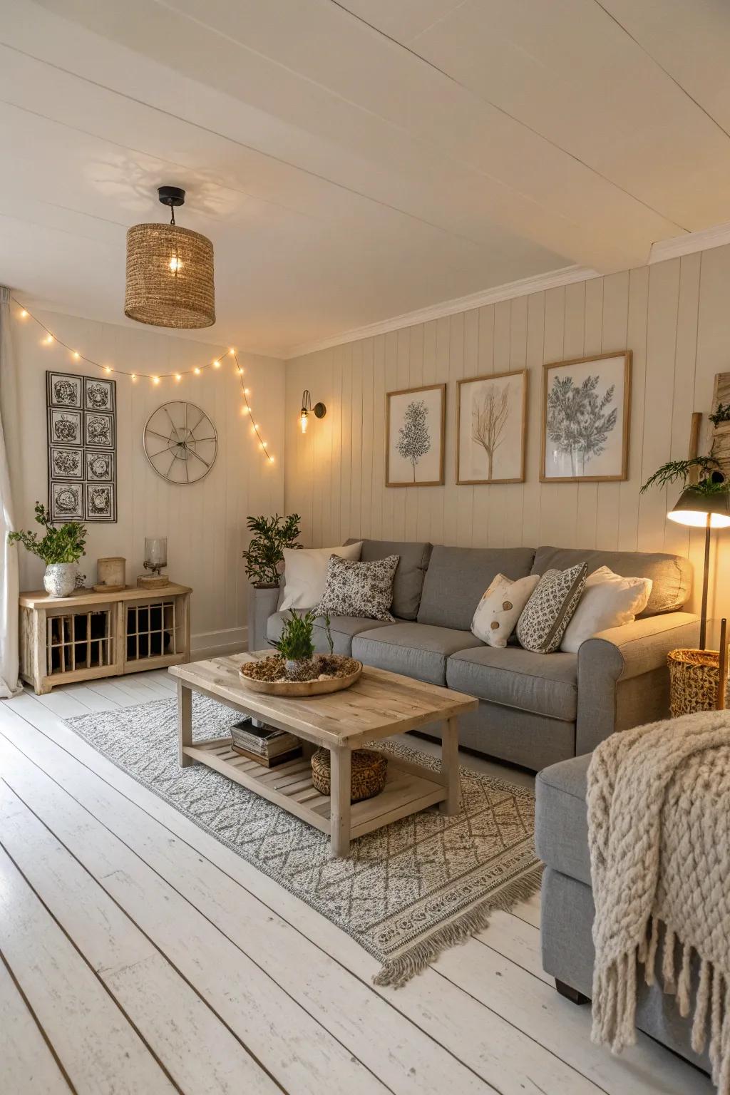 Neutral shades harmonize exquisitely with the elegance of white wood floors.