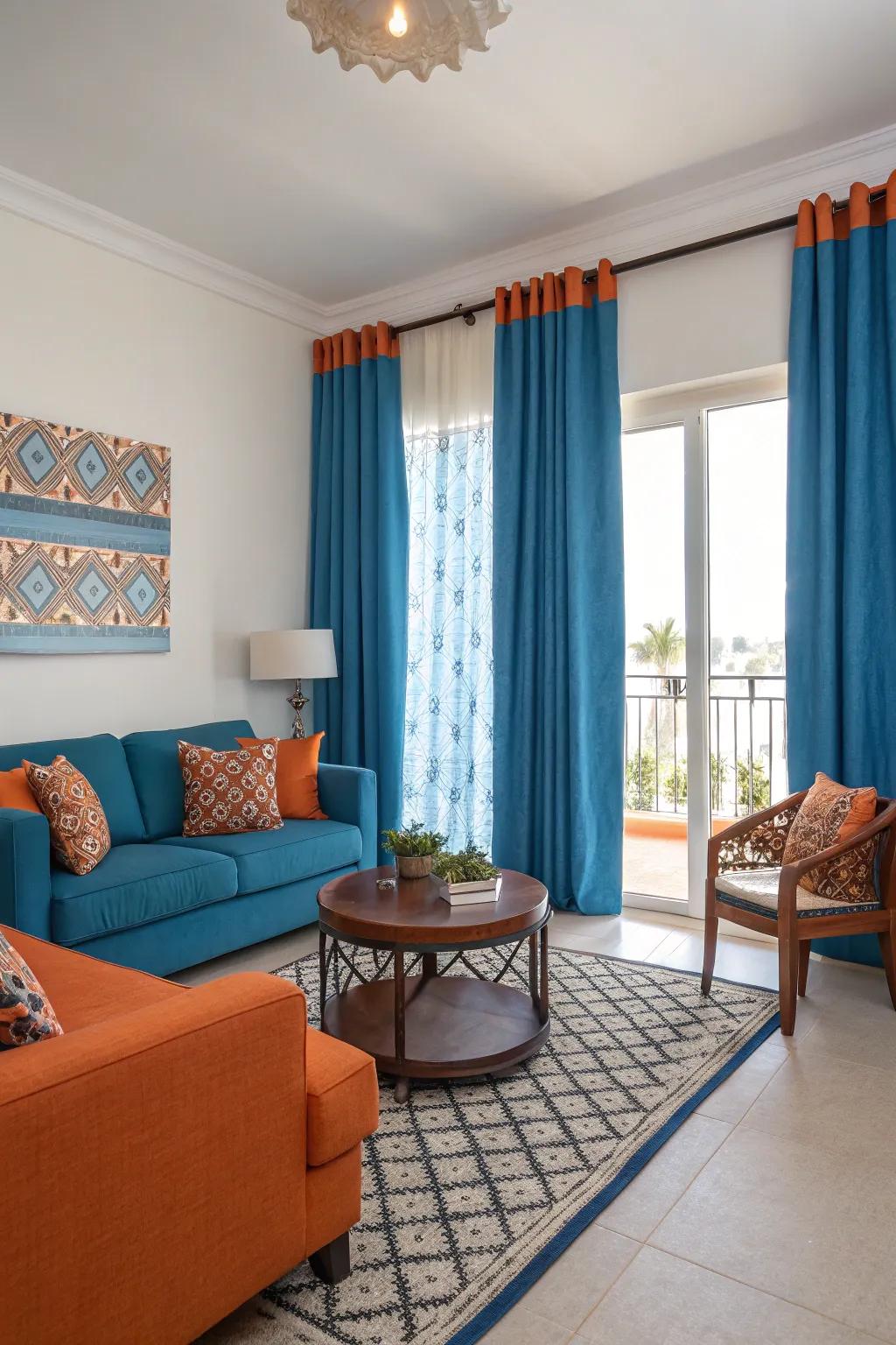 Striking citrus embellishments deliver a vibrant contrast to the serene sky-tinted drapes, invigorating the area.