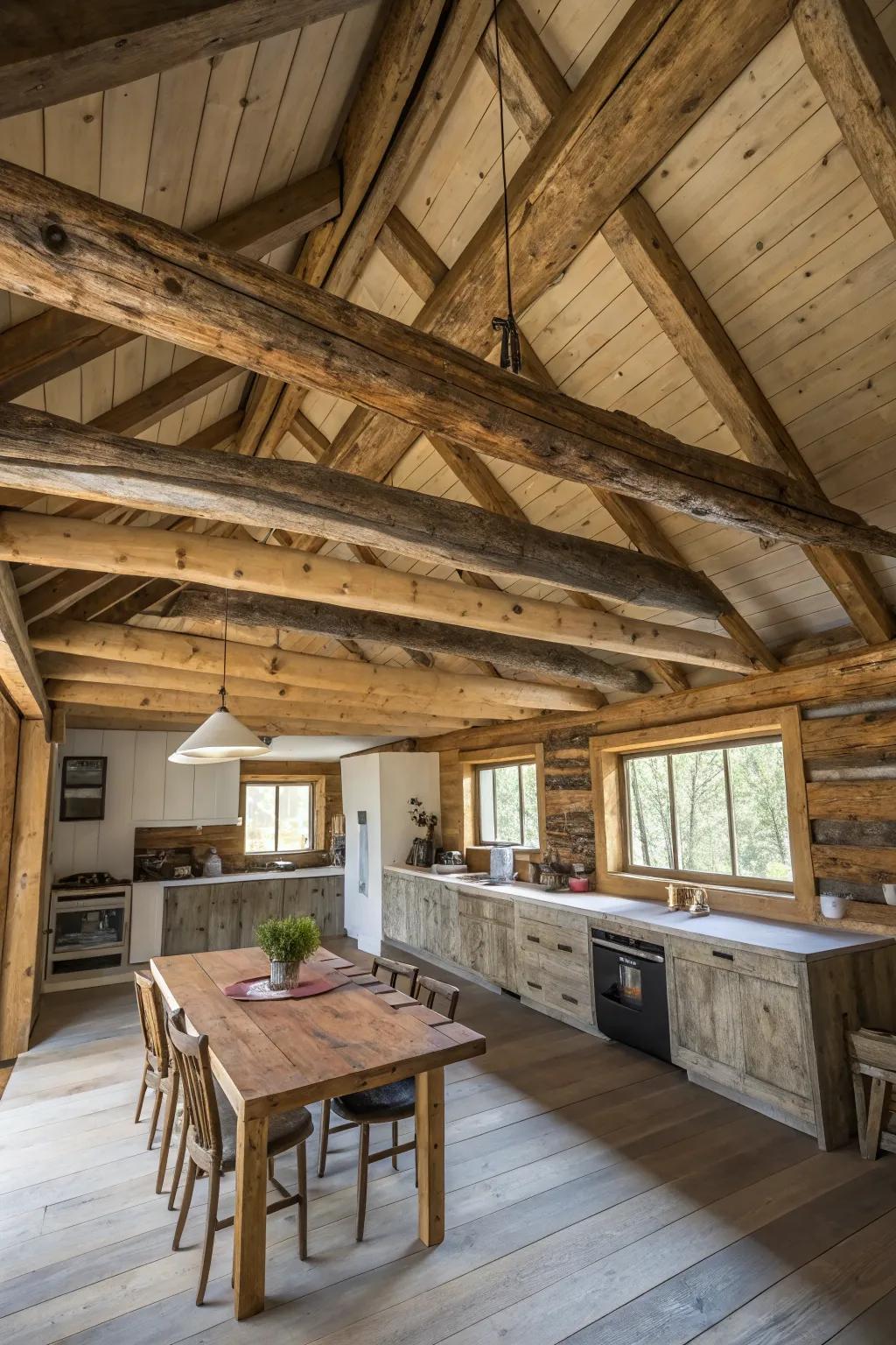 A capacious log cabin kitchen highlighting impressive overhead wooden beams.