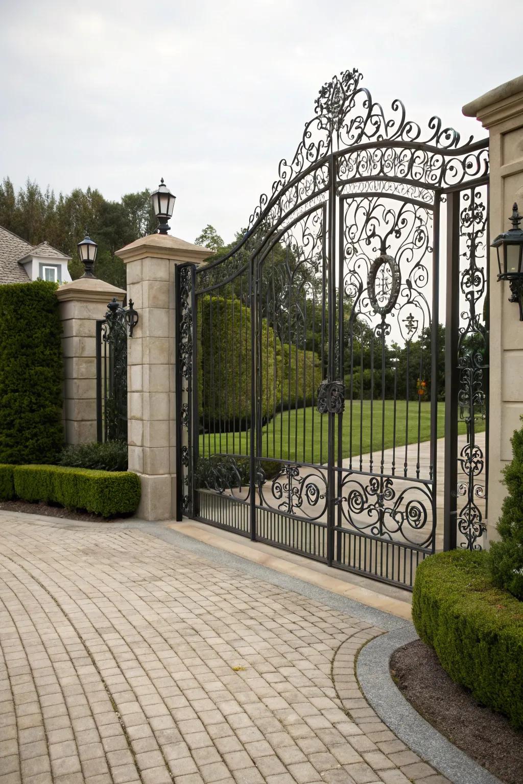 Impressive gates frame the entrance, bestowing a sense of refinement on the driveway.