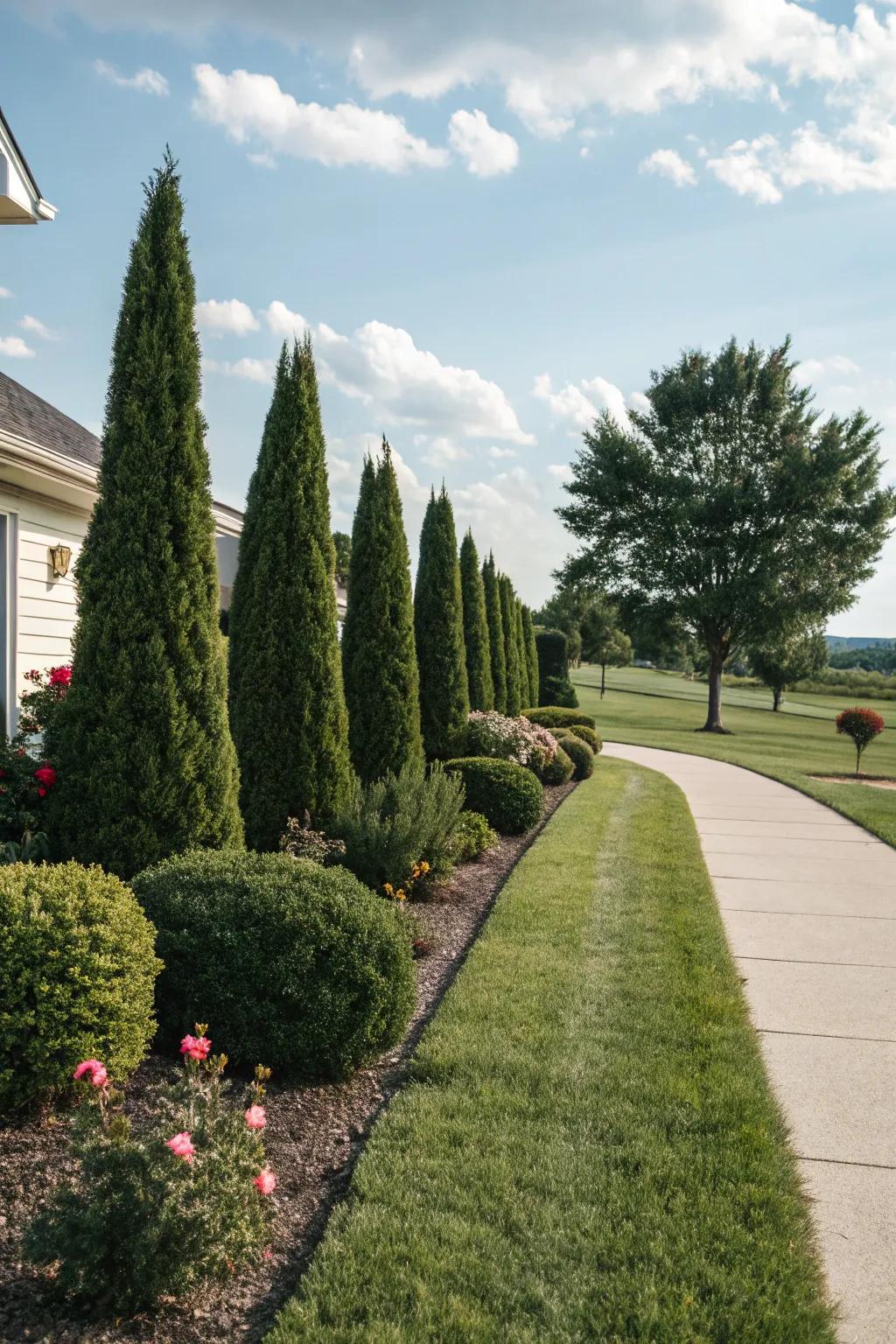 Evergreen shrubs provide greenery all year long.