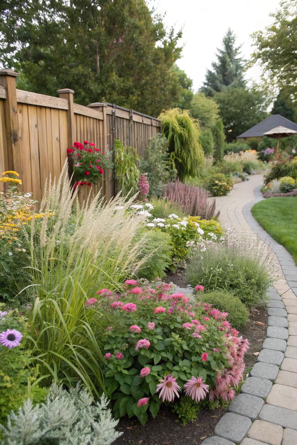 A lush garden bed with mixed plantings for easy maintenance.