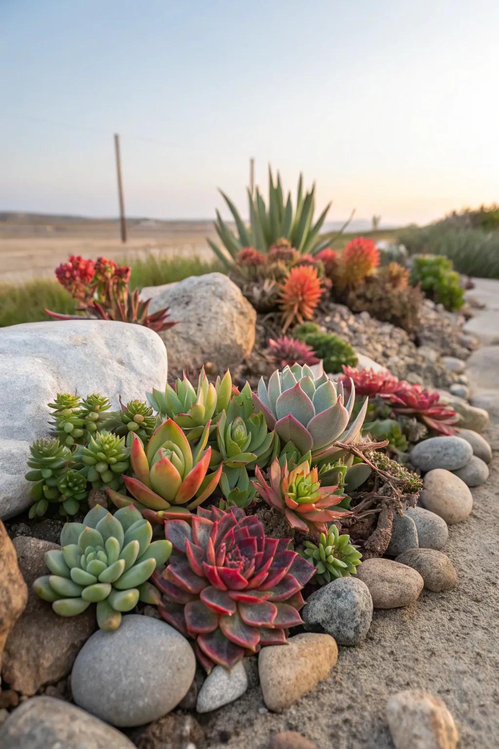Fleshy plants placed among stones for a sustainable space setting.