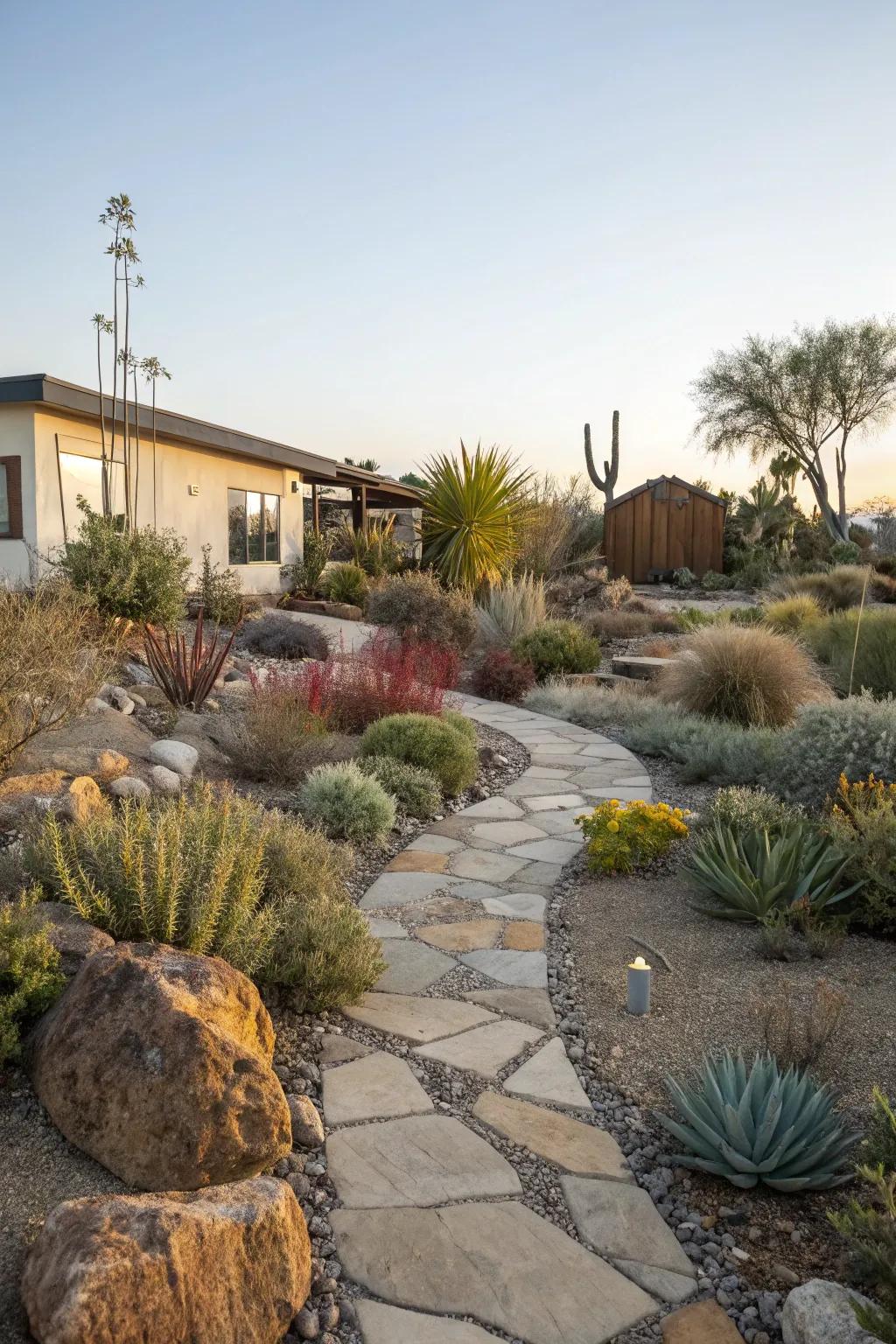 Stone walkways combine practicality with visual elegance in a xeriscape front yard.