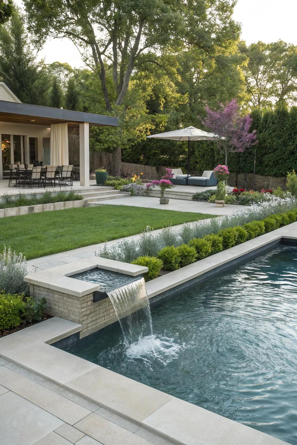 A modern swimming pool with elegant landscaping.
