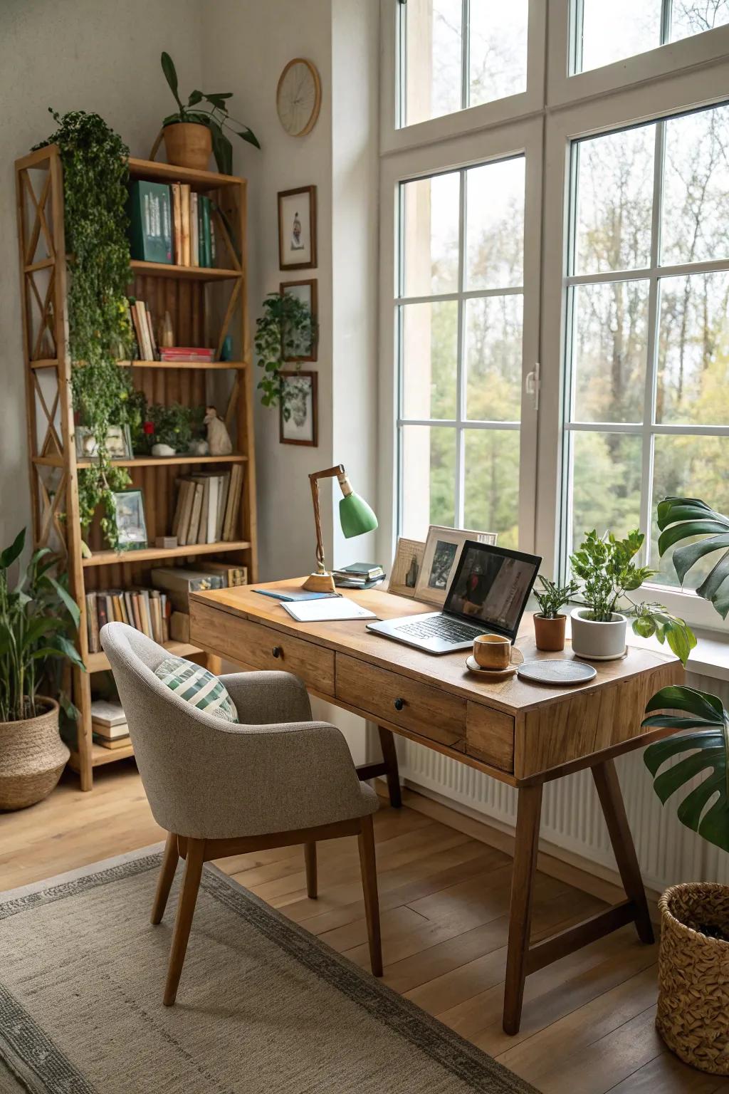 An airy home office filled with natural light streaming through large windows.