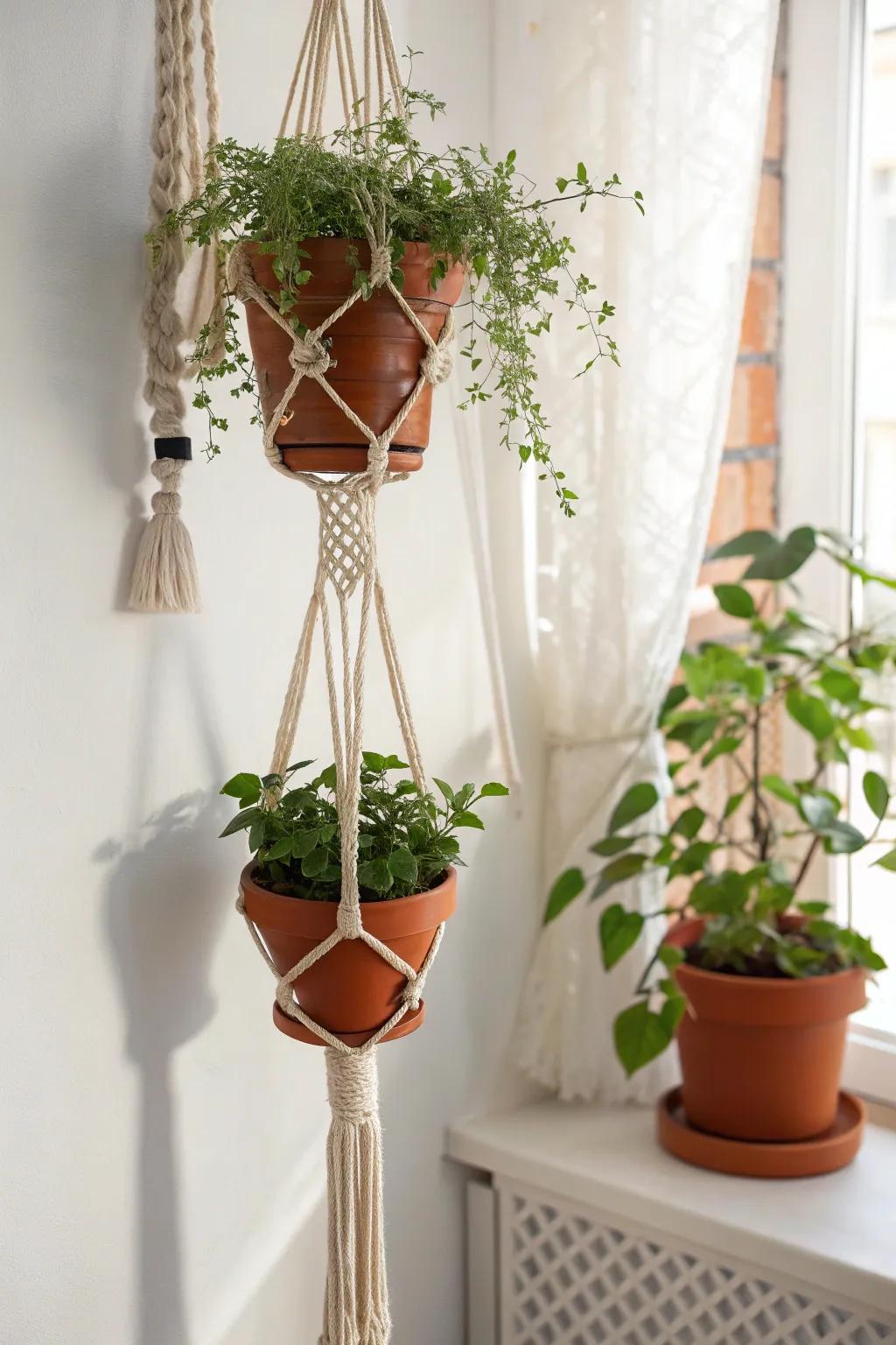 Elevate your space with the artful elegance of a macrame double pot hanger, perfect for a cozy, chic reading nook.