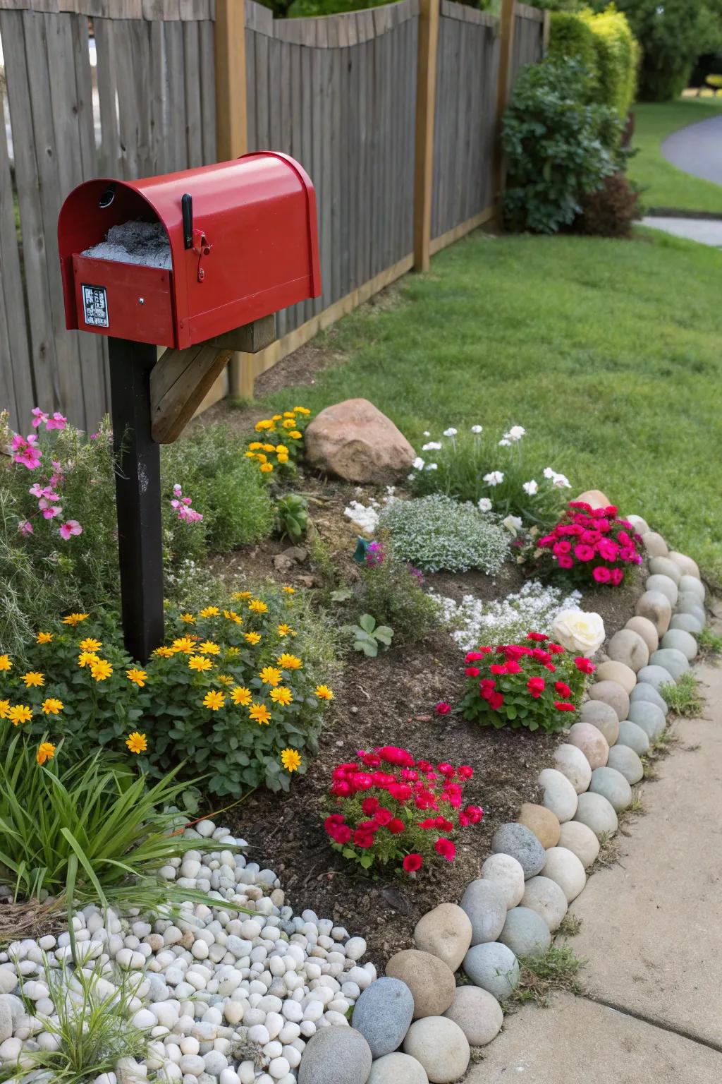 Vibrant blossoms paired with ornamental gravel for a lively presentation.