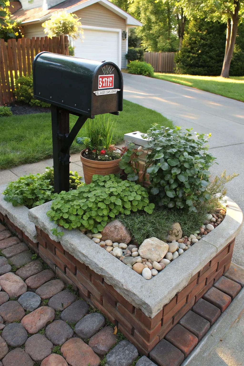 Stone and brick bordering adds arrangement and sophistication to a mailbox planter.
