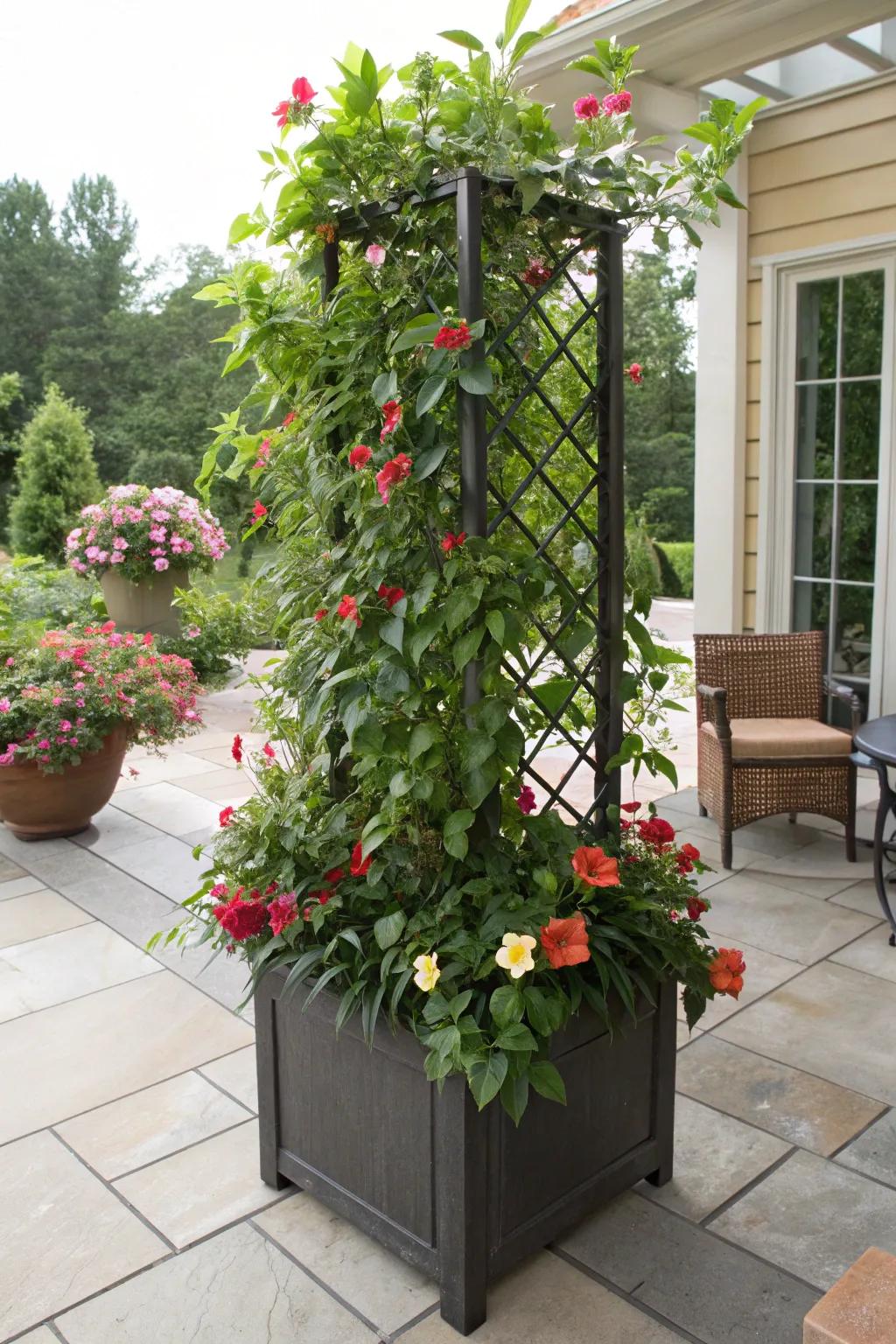 A pot trellis brimming with tropical trumpet delivers color and charm to any patio space.