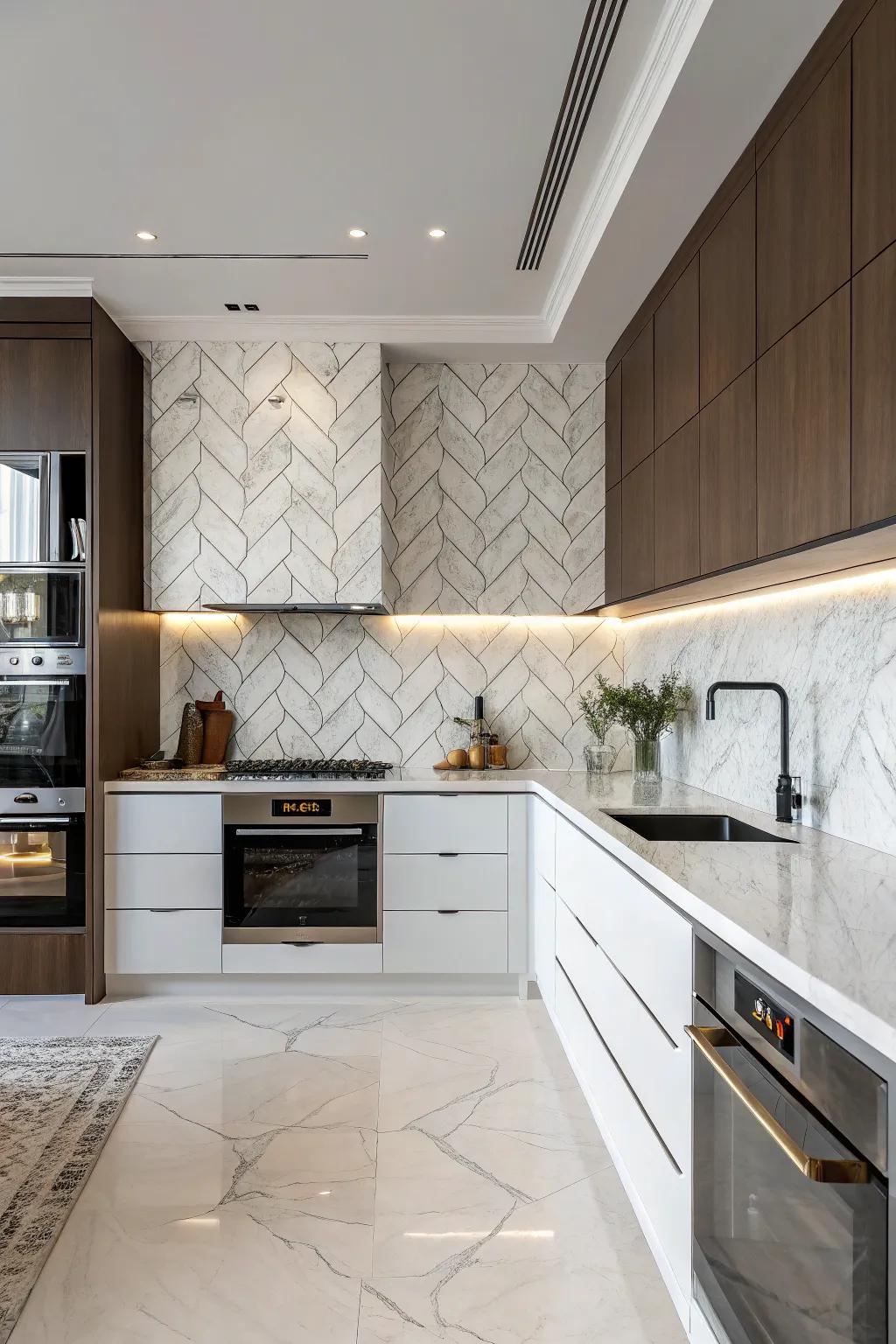 Sophisticated zigzag pattern stone backsplash in a modern cooking area setting.