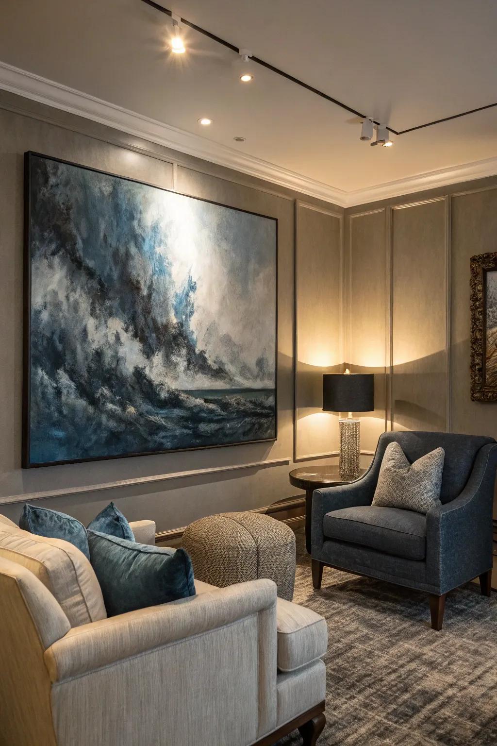 A sizable abstract artwork introduces intrigue and individuality to the den.