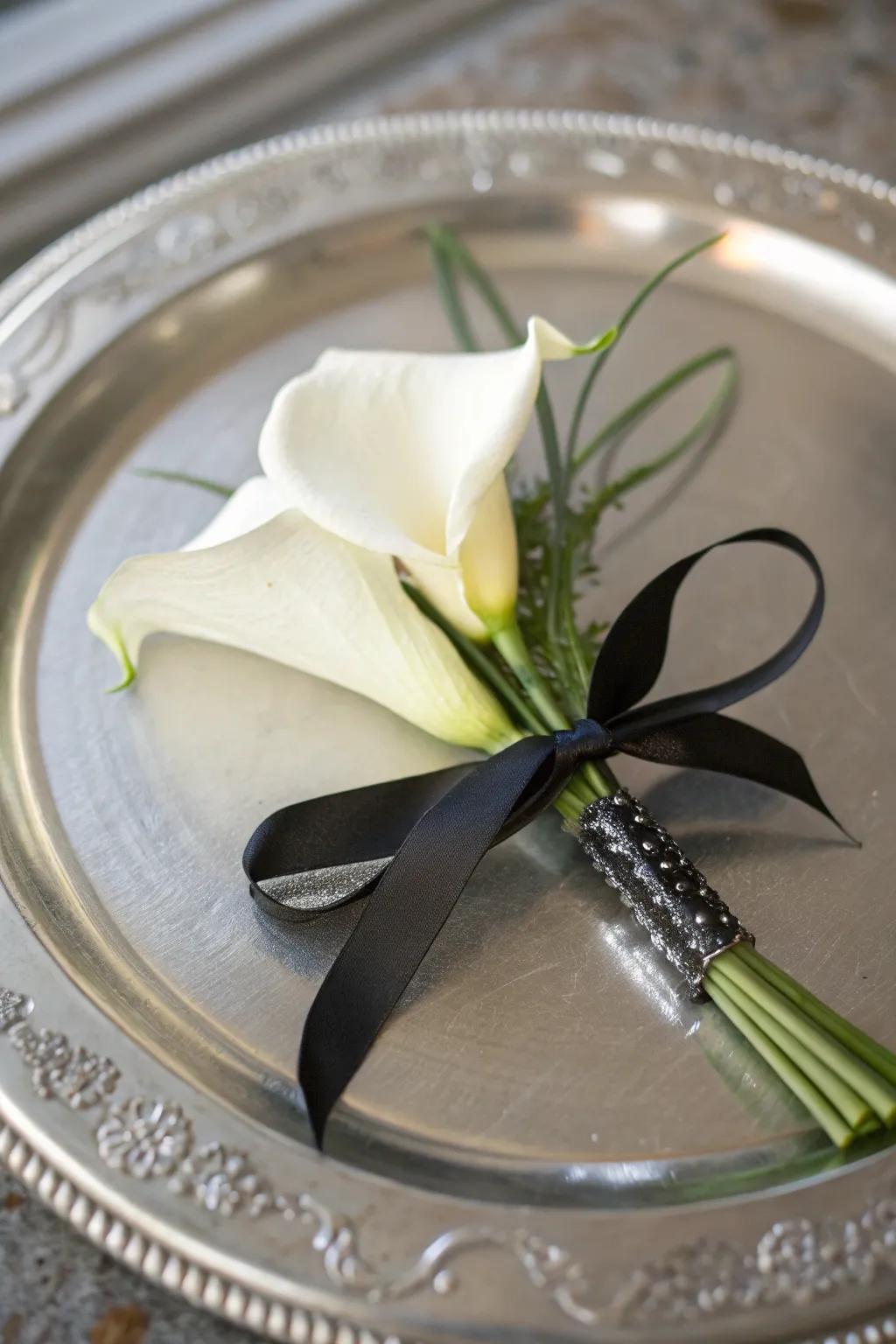 White lily boutonnieres add up-to-date refinement to any jacket.