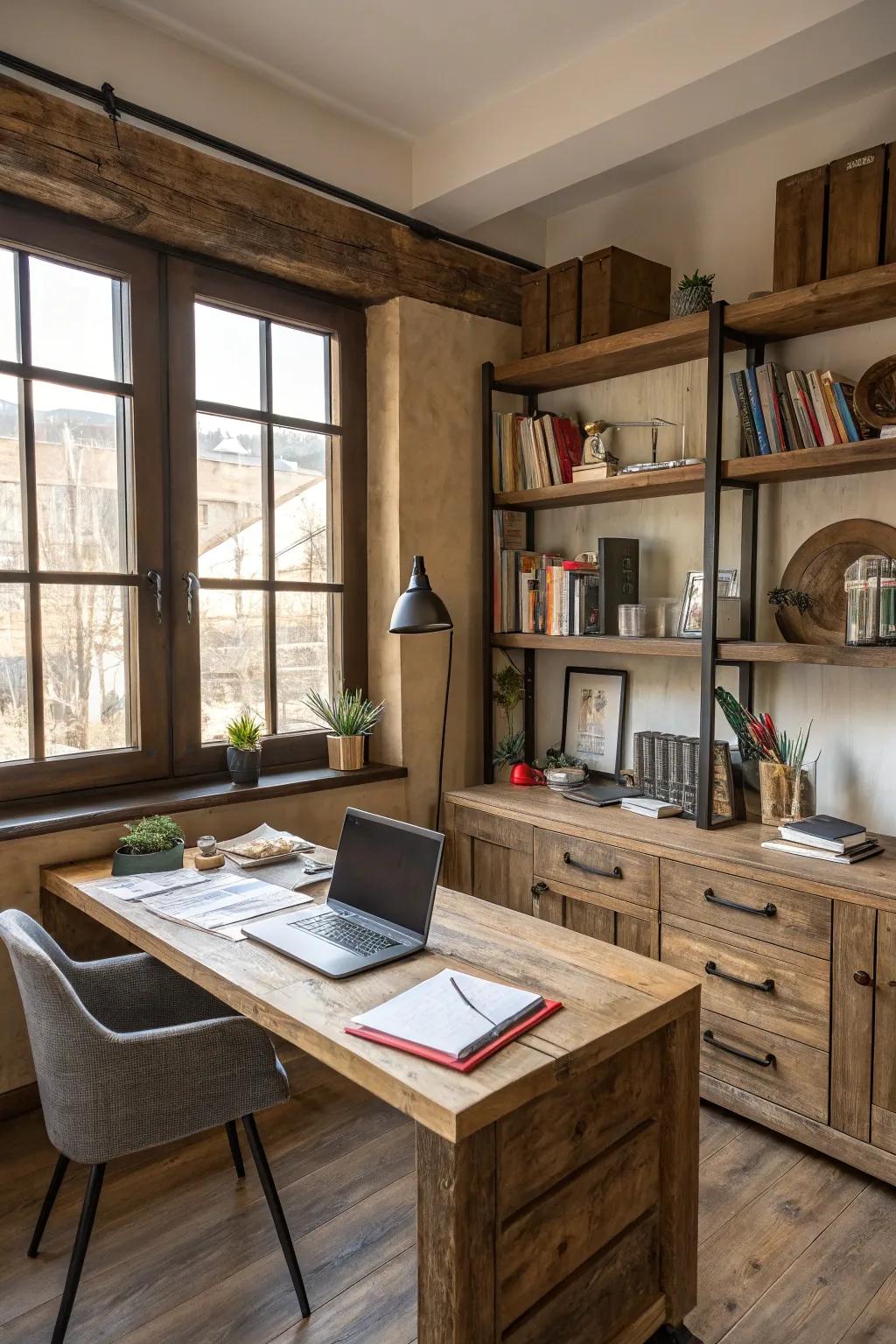 A restored wood desk paired with matching shelves brings character to the office.